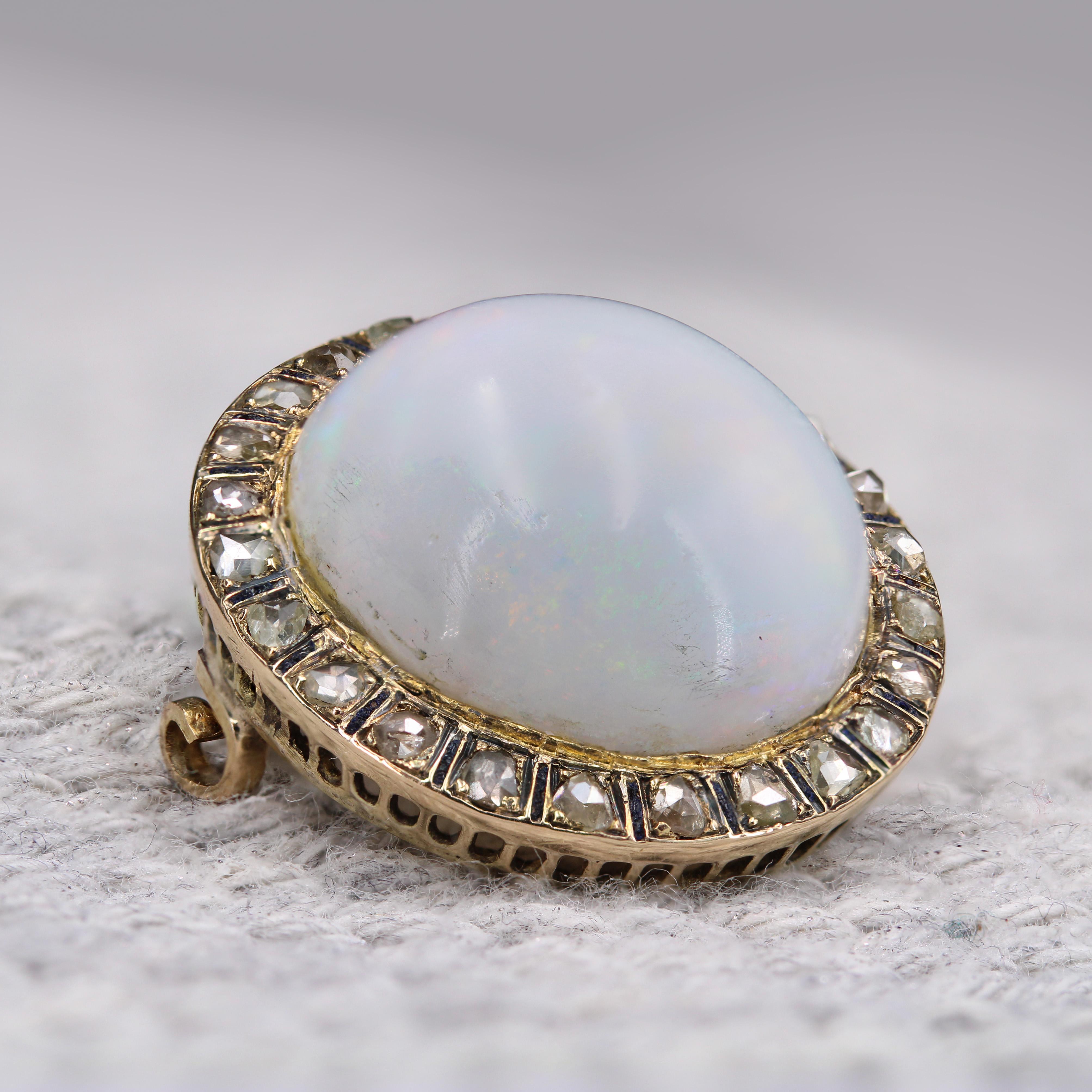 1930s Opal Diamonds Enamel 18 Karat Yellow Gold Round Brooch For Sale 5