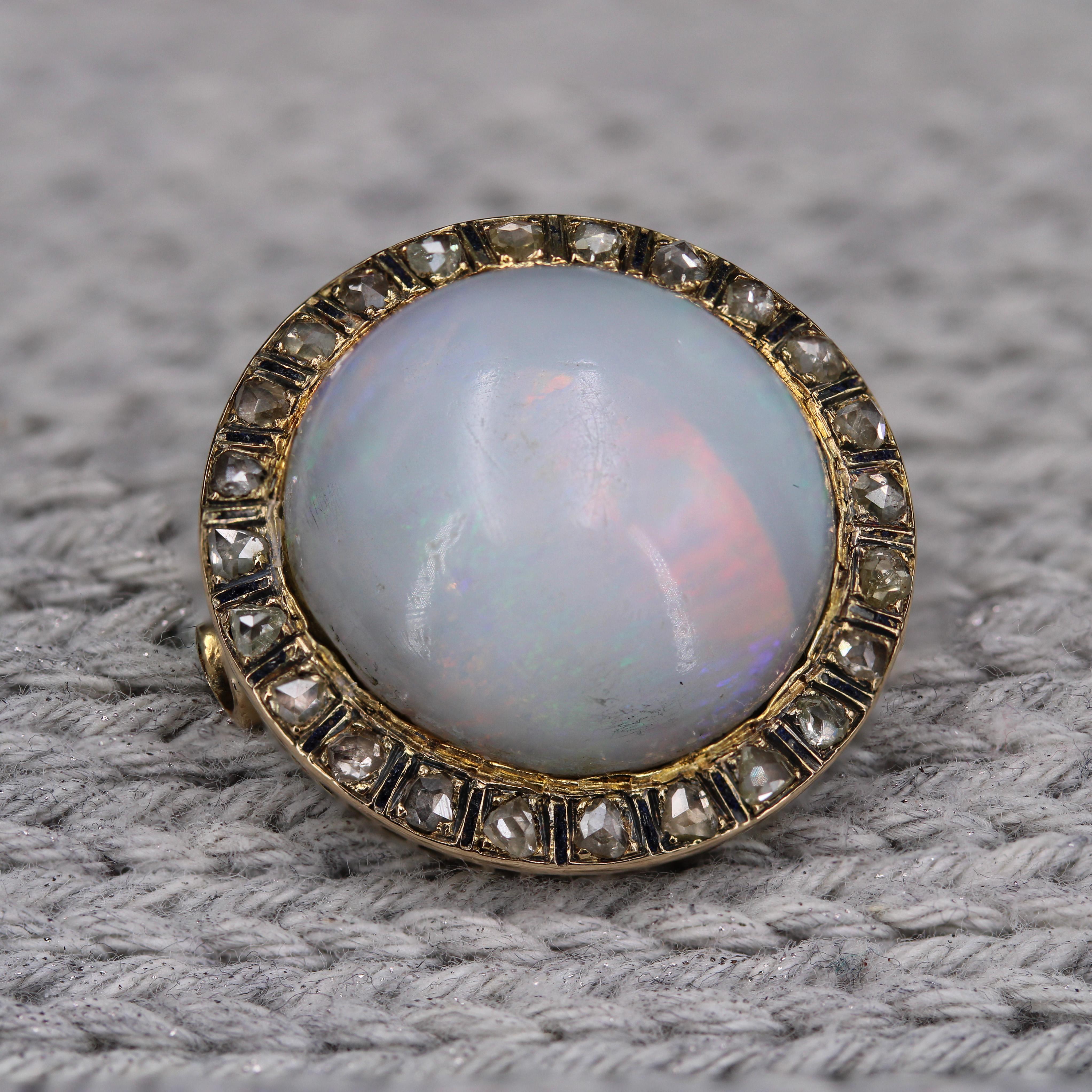 Art Deco 1930s Opal Diamonds Enamel 18 Karat Yellow Gold Round Brooch For Sale