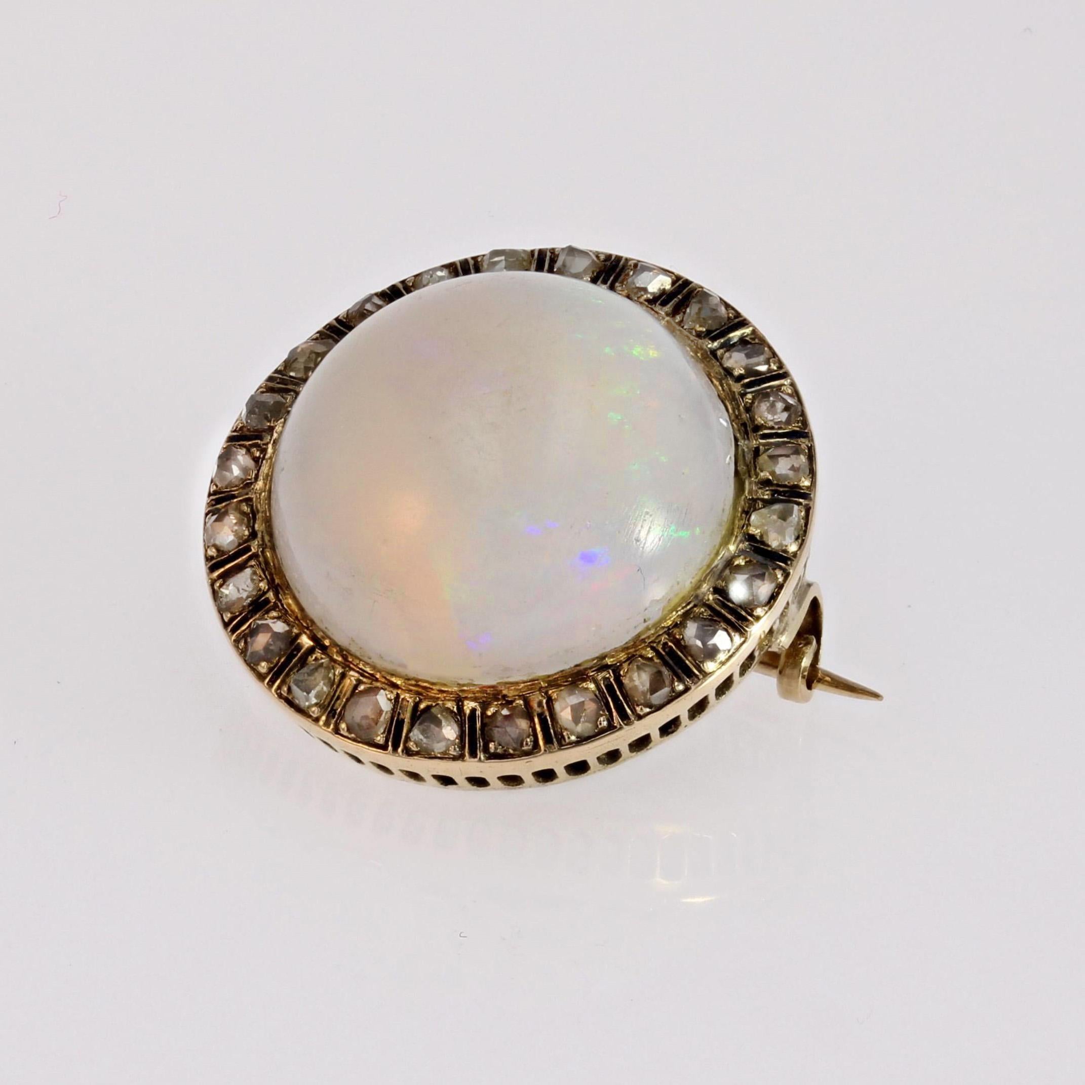 Cabochon 1930s Opal Diamonds Enamel 18 Karat Yellow Gold Round Brooch For Sale