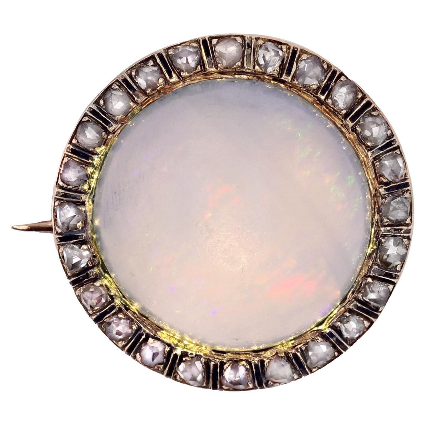 1930s Opal Diamonds Enamel 18 Karat Yellow Gold Round Brooch For Sale