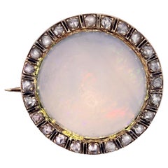Vintage 1930s Opal Diamonds Enamel 18 Karat Yellow Gold Round Brooch