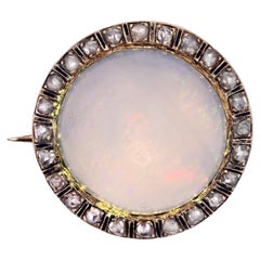 1930s Opal Diamonds Enamel 18 Karat Yellow Gold Round Brooch