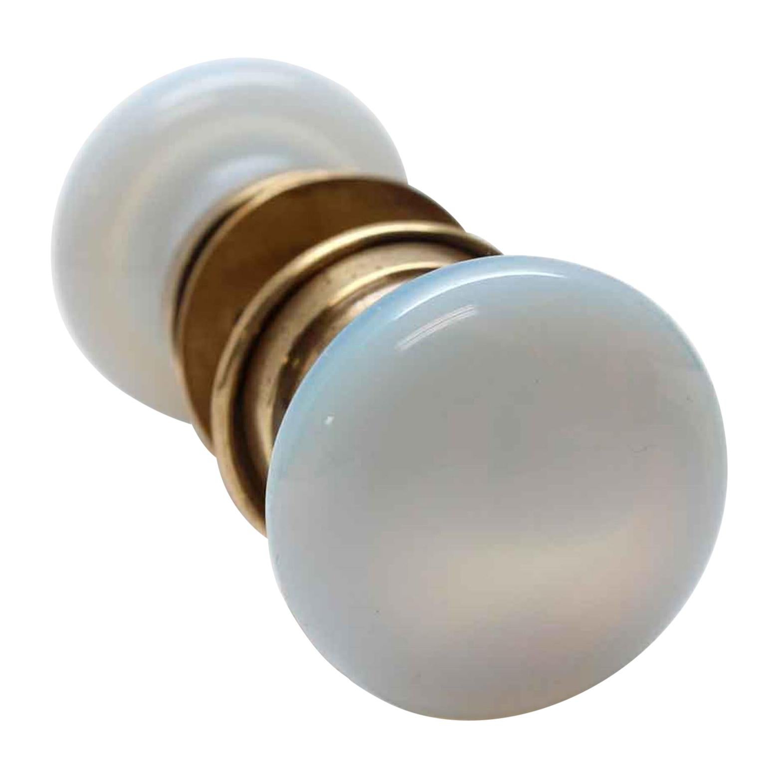 1930s Opalescent White Glass Fixed Door Knob Set with Brass Rosettes