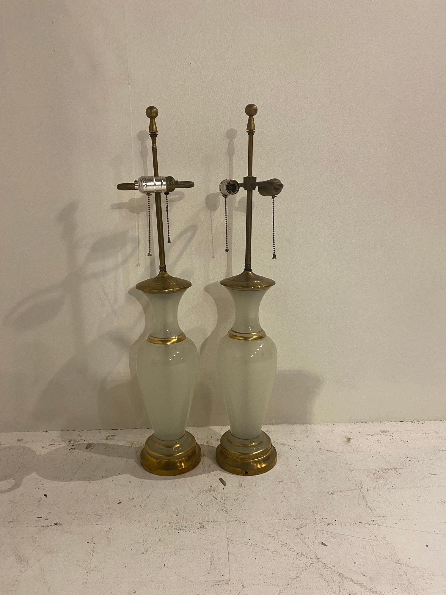 Pair of circa 1930’s Opaline glass table lamps with gilt design 