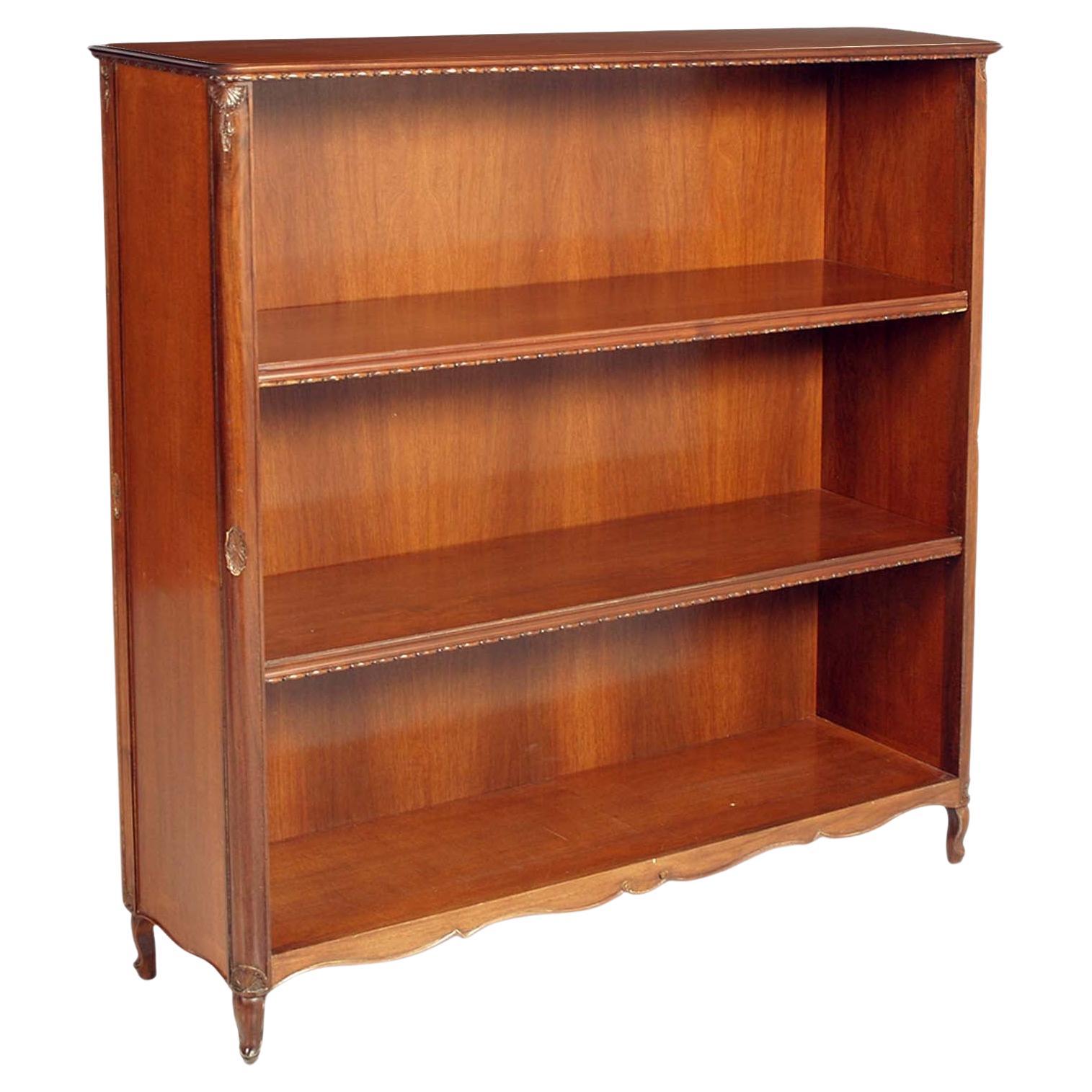 1930s Open Bookcase in Neoclassical Carved Mahogany, by Bassano's Ebanistery For Sale