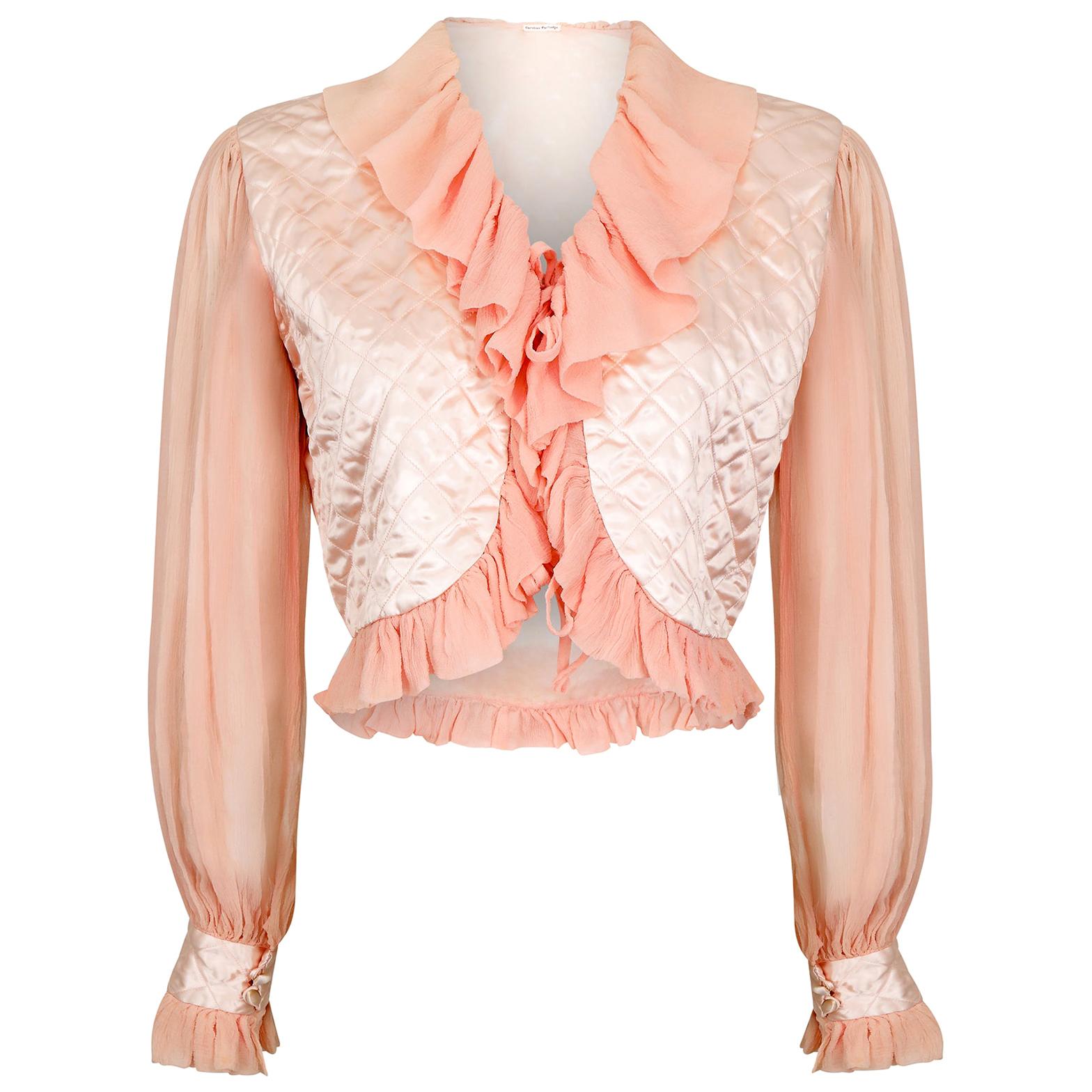 1930s or 1940s Pink Silk Crepe and Satin Quilted Bed Jacket