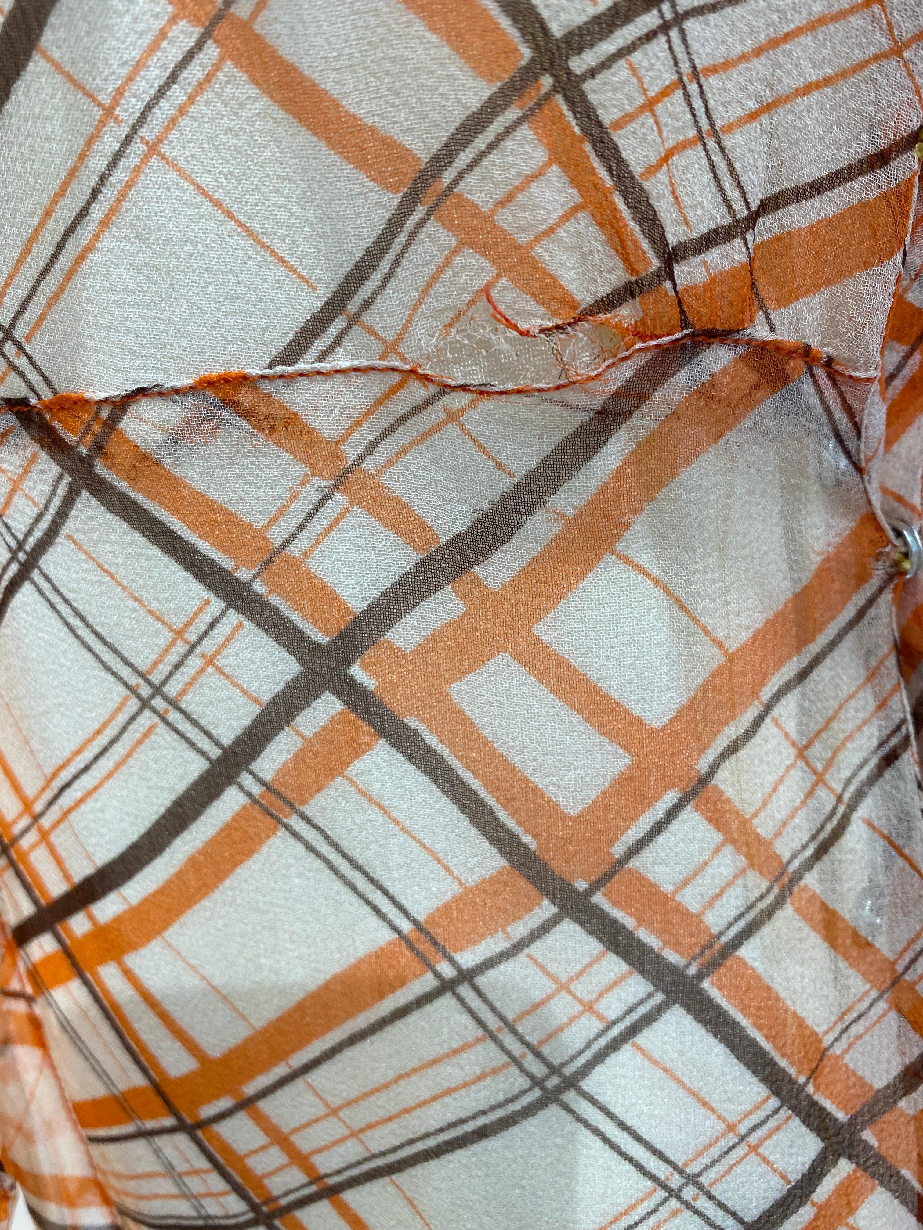 1930s Orange and Black Plaid Print Silk Chiffon Dress and Capelet For Sale 4
