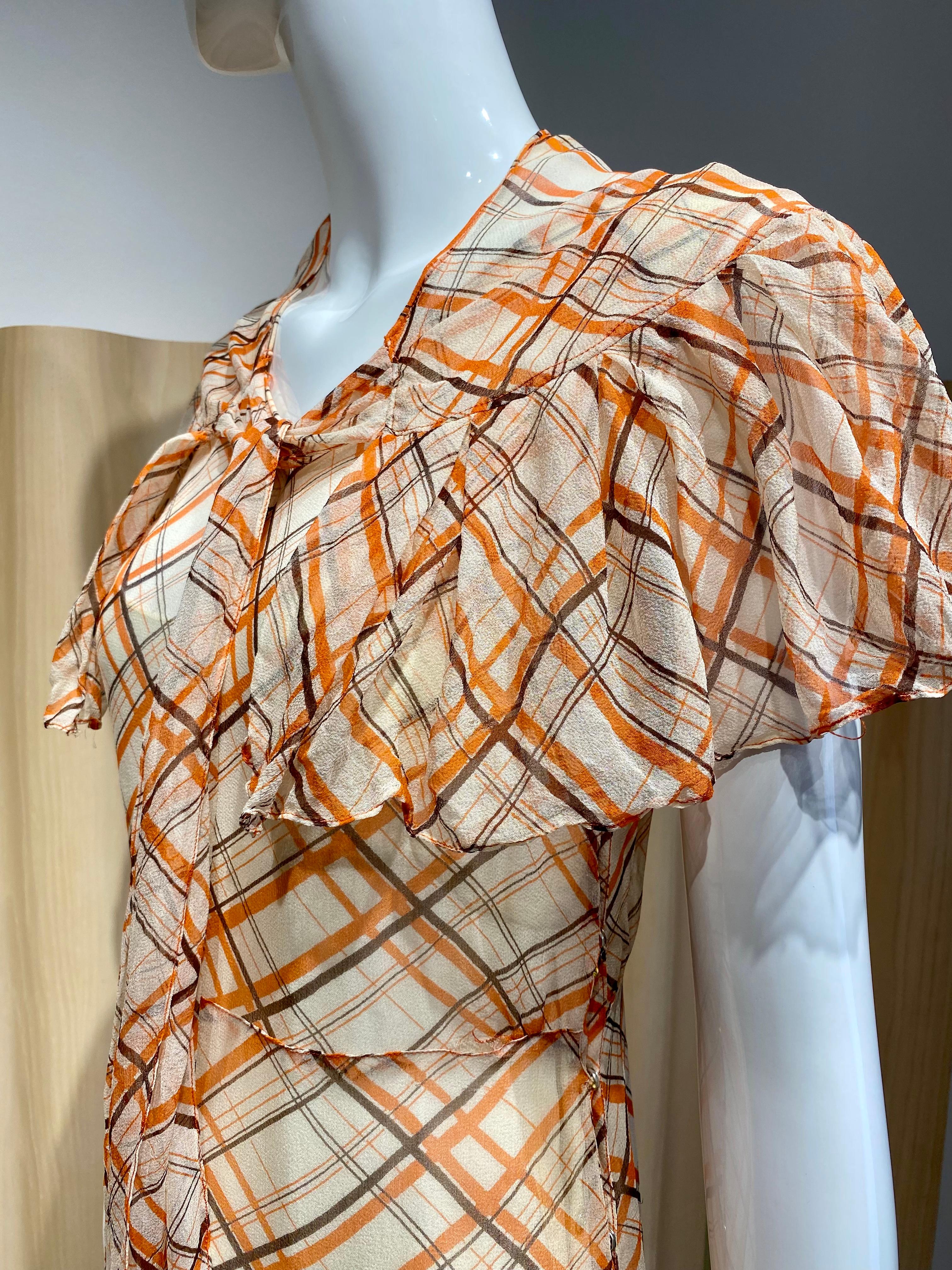 Beige 1930s Orange and Black Plaid Print Silk Chiffon Dress and Capelet For Sale