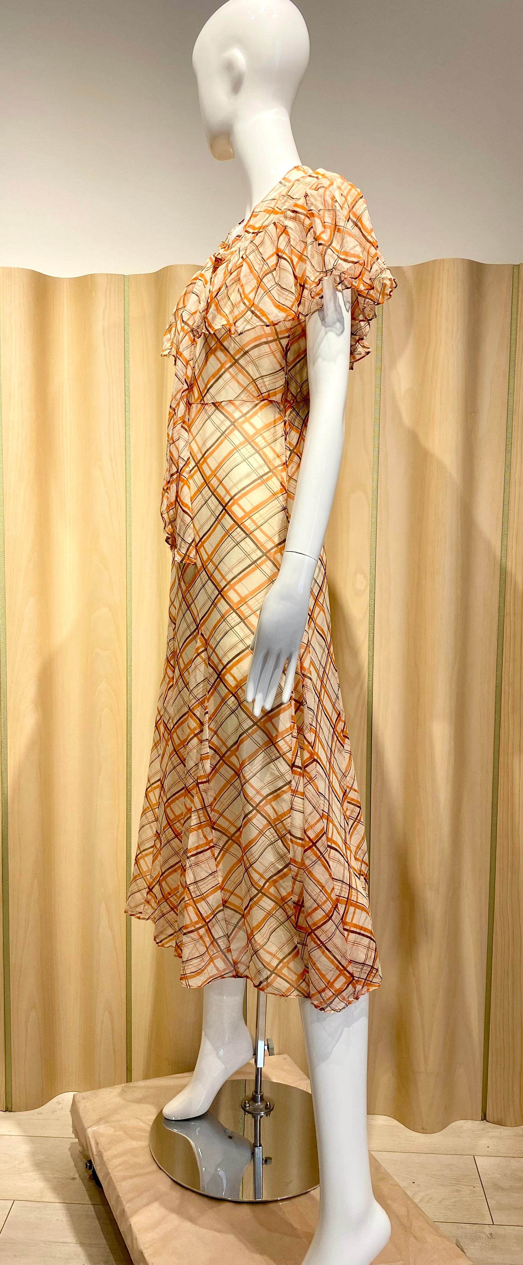 1930s Orange and Black Plaid Print Silk Chiffon Dress and Capelet In Good Condition For Sale In Beverly Hills, CA
