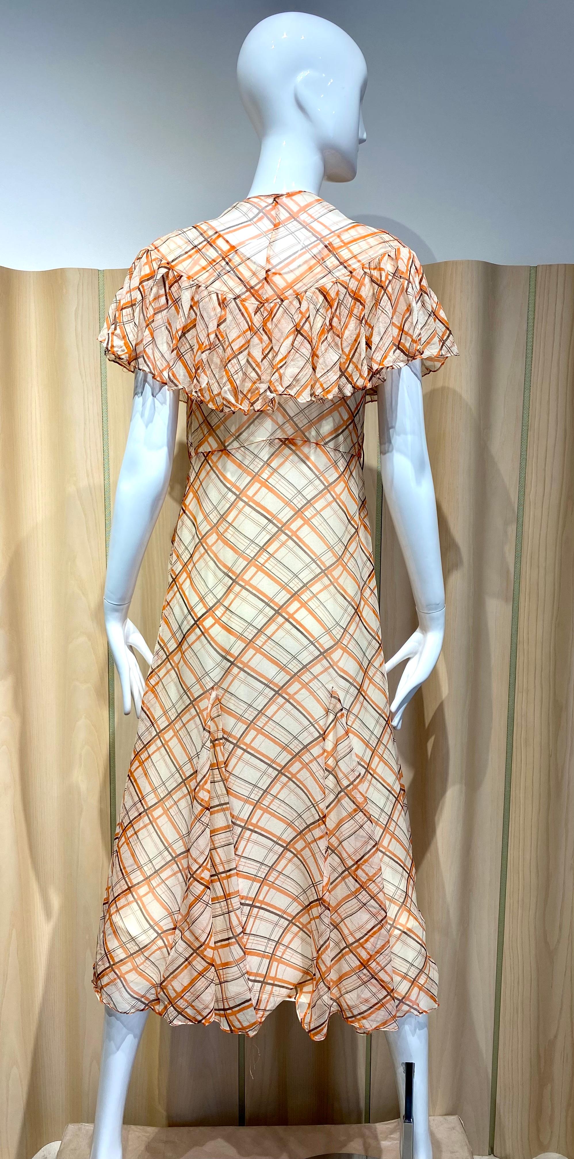 Women's 1930s Orange and Black Plaid Print Silk Chiffon Dress and Capelet For Sale