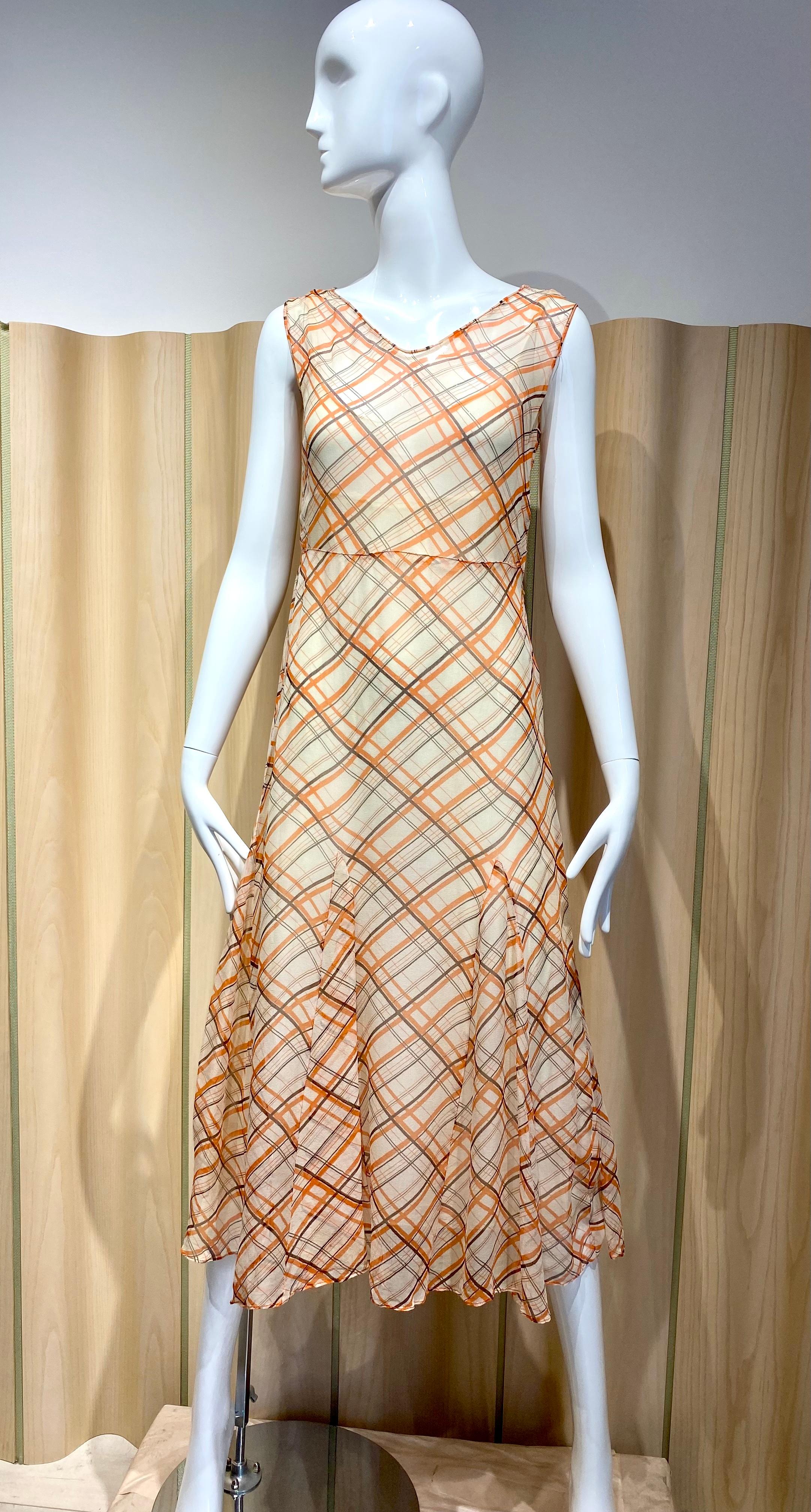 1930s Orange and Black Plaid Print Silk Chiffon Dress and Capelet For Sale 1
