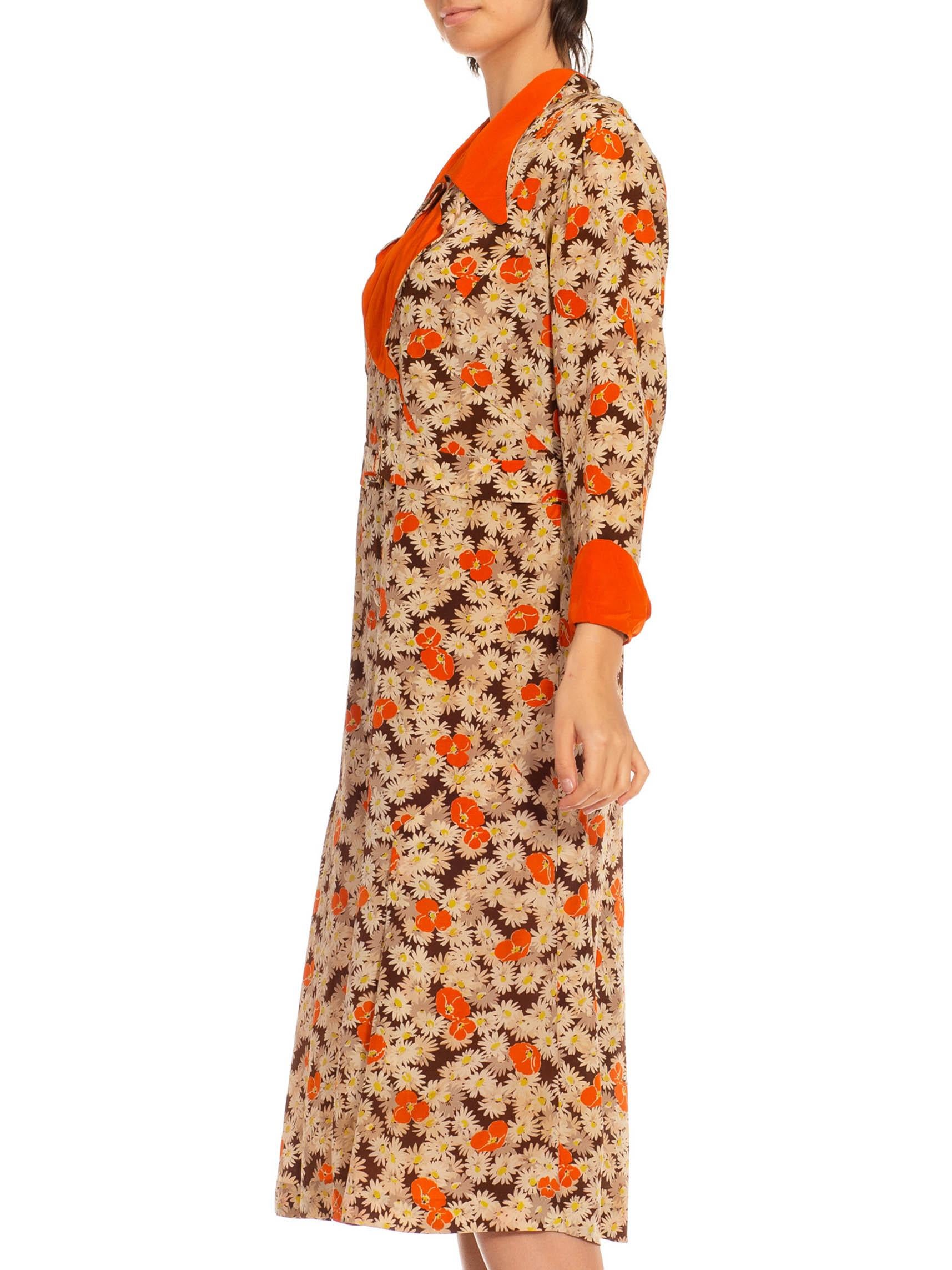 1930S Orange & Cream Silk Blend Daisy Poppy Printed Dress In Excellent Condition For Sale In New York, NY