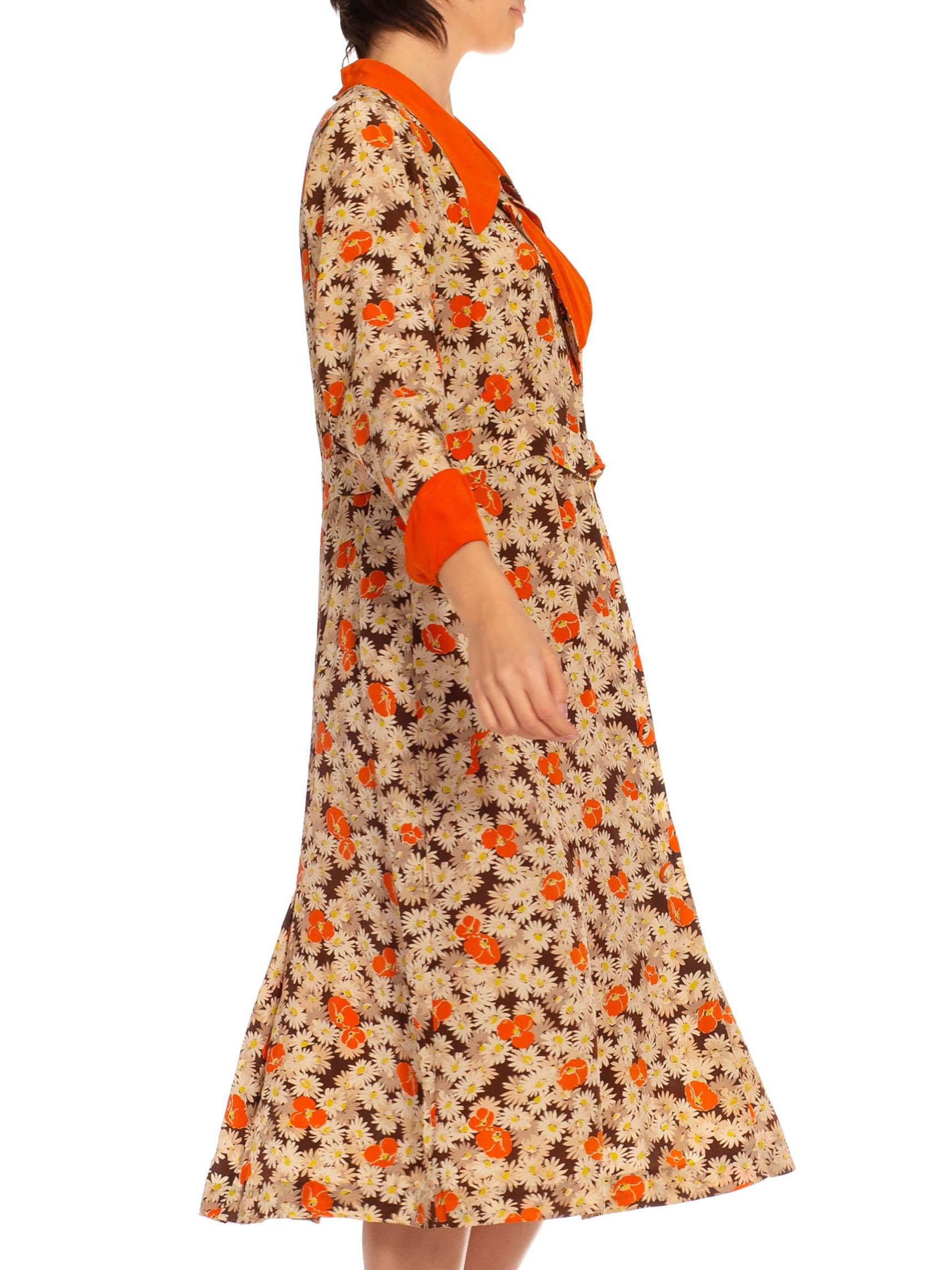 Women's 1930S Orange & Cream Silk Blend Daisy Poppy Printed Dress For Sale