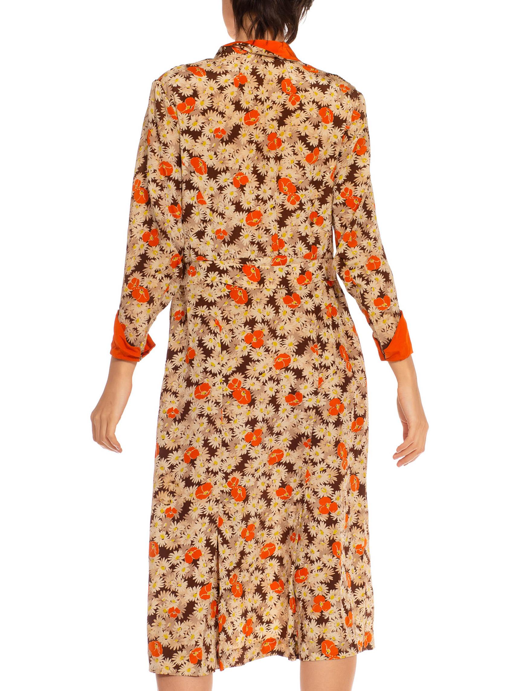 1930S Orange & Cream Silk Blend Daisy Poppy Printed Dress For Sale 1