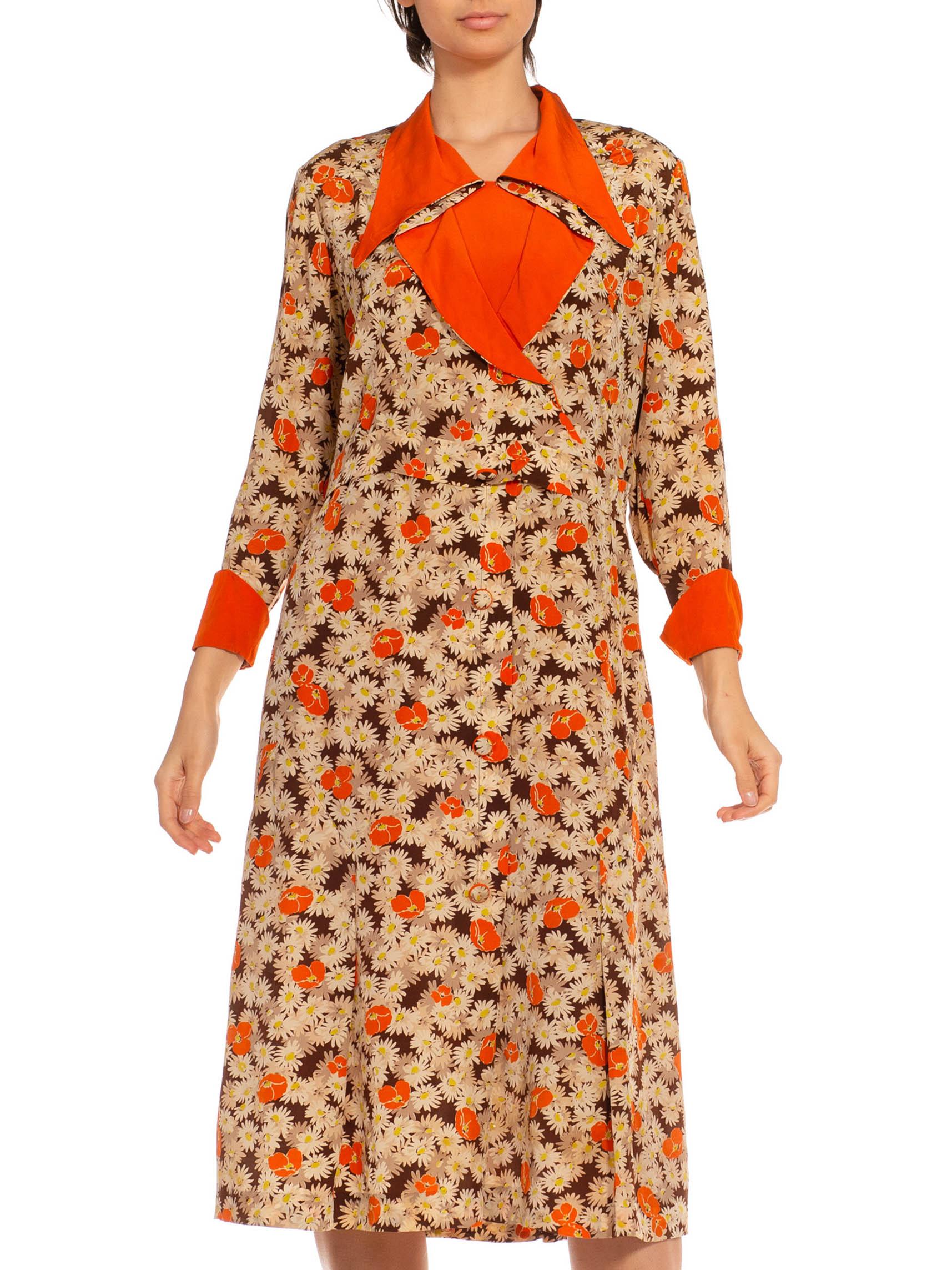 1930S Orange & Cream Silk Blend Daisy Poppy Printed Dress For Sale 2