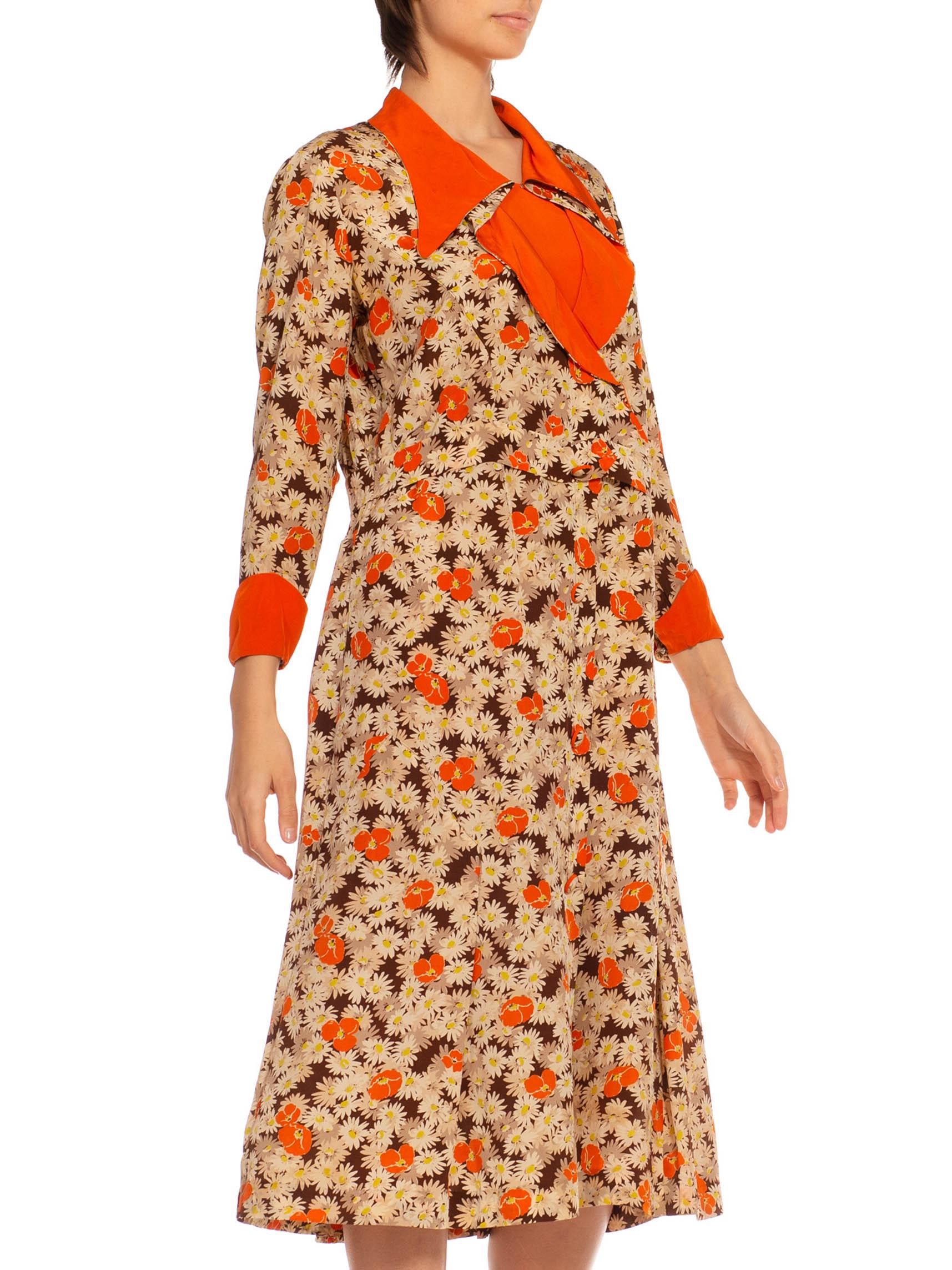 1930S Orange & Cream Silk Blend Daisy Poppy Printed Dress For Sale 3