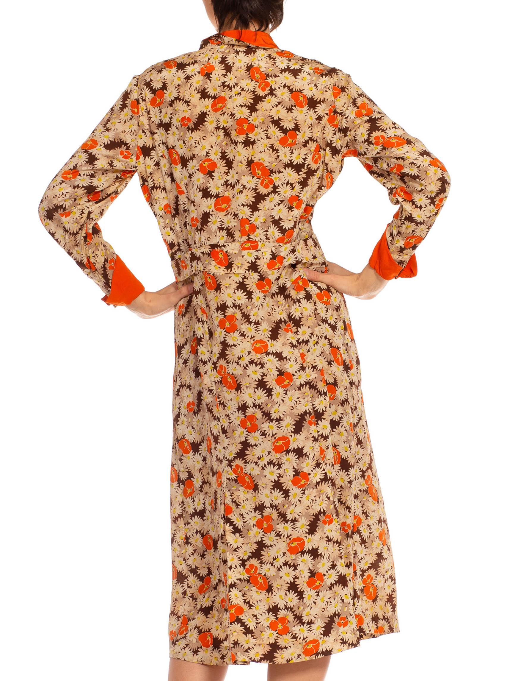 1930S Orange & Cream Silk Blend Daisy Poppy Printed Dress For Sale 4