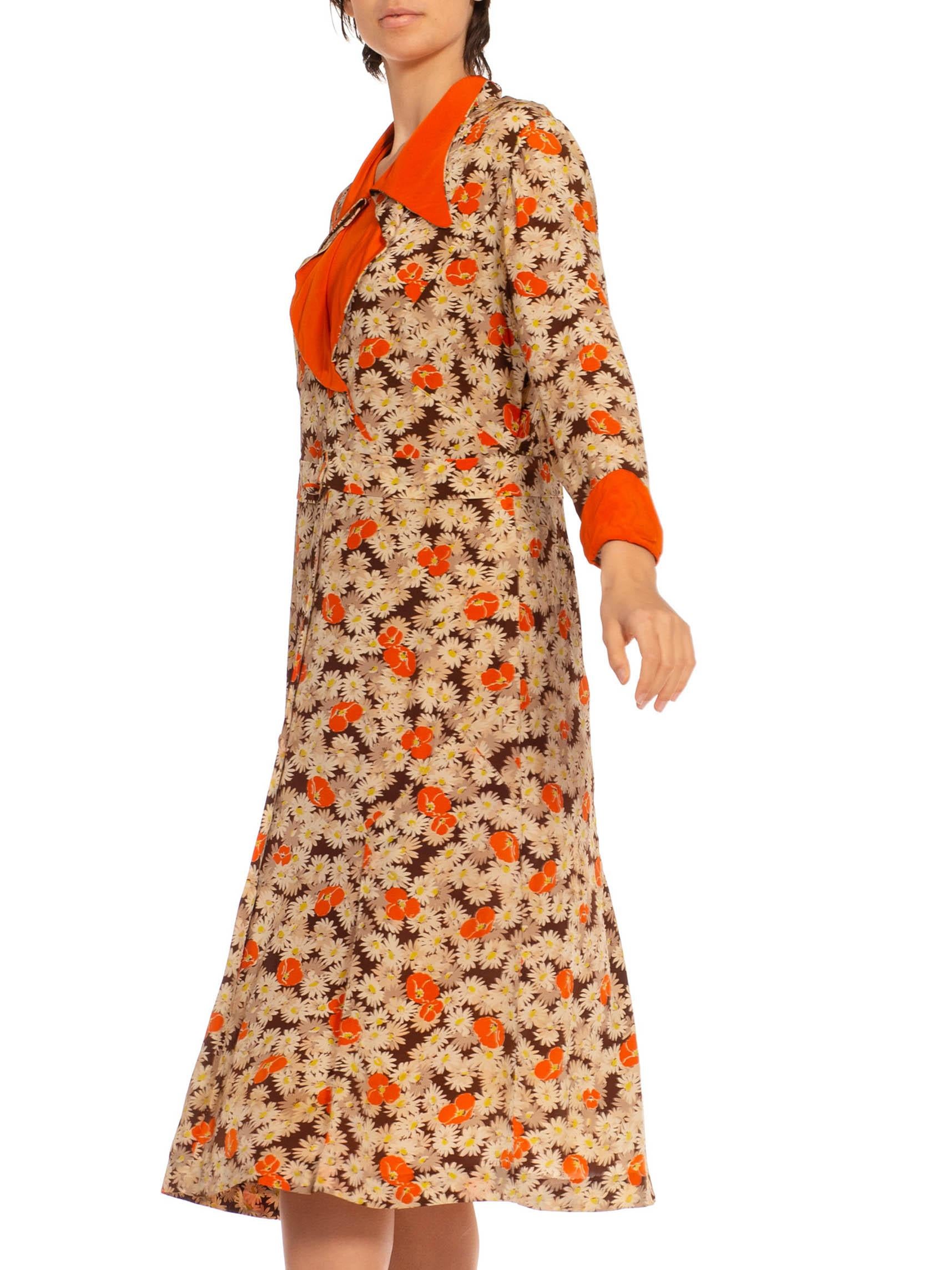 1930S Orange & Cream Silk Blend Daisy Poppy Printed Dress For Sale 5