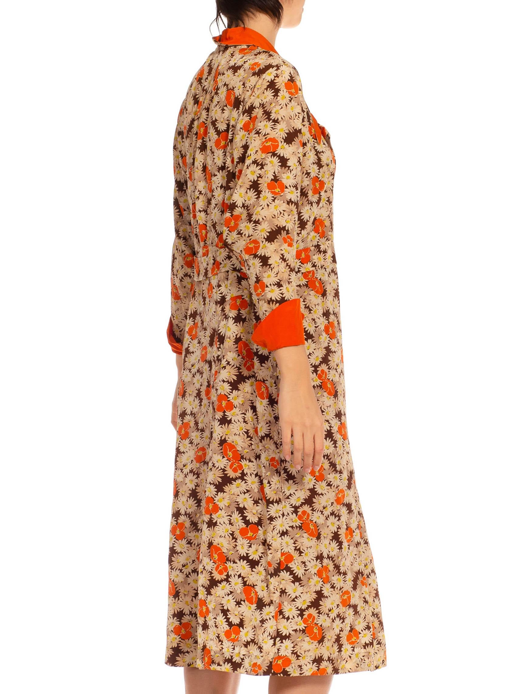 1930S Orange & Cream Silk Blend Daisy Poppy Printed Dress For Sale 6