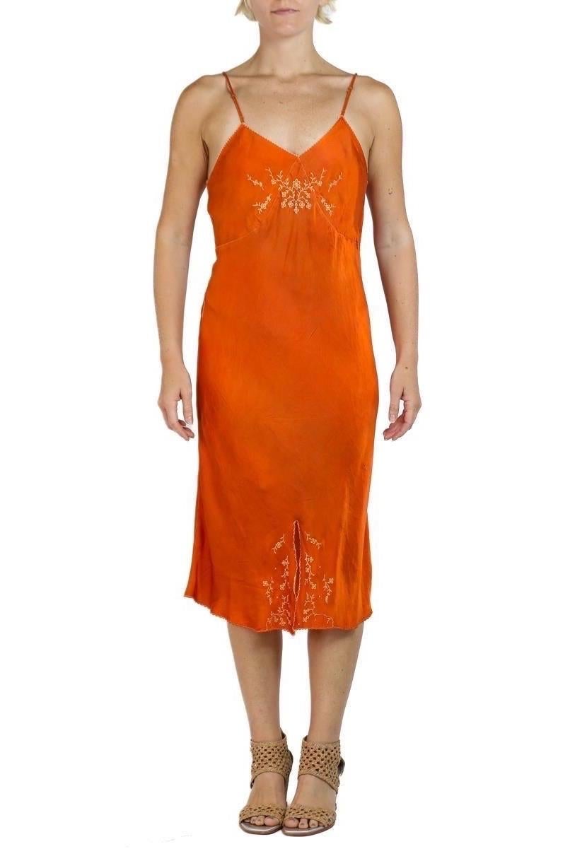 1930S Orange Silk Dye Slip Dress With Embroidered Bust In Excellent Condition For Sale In New York, NY