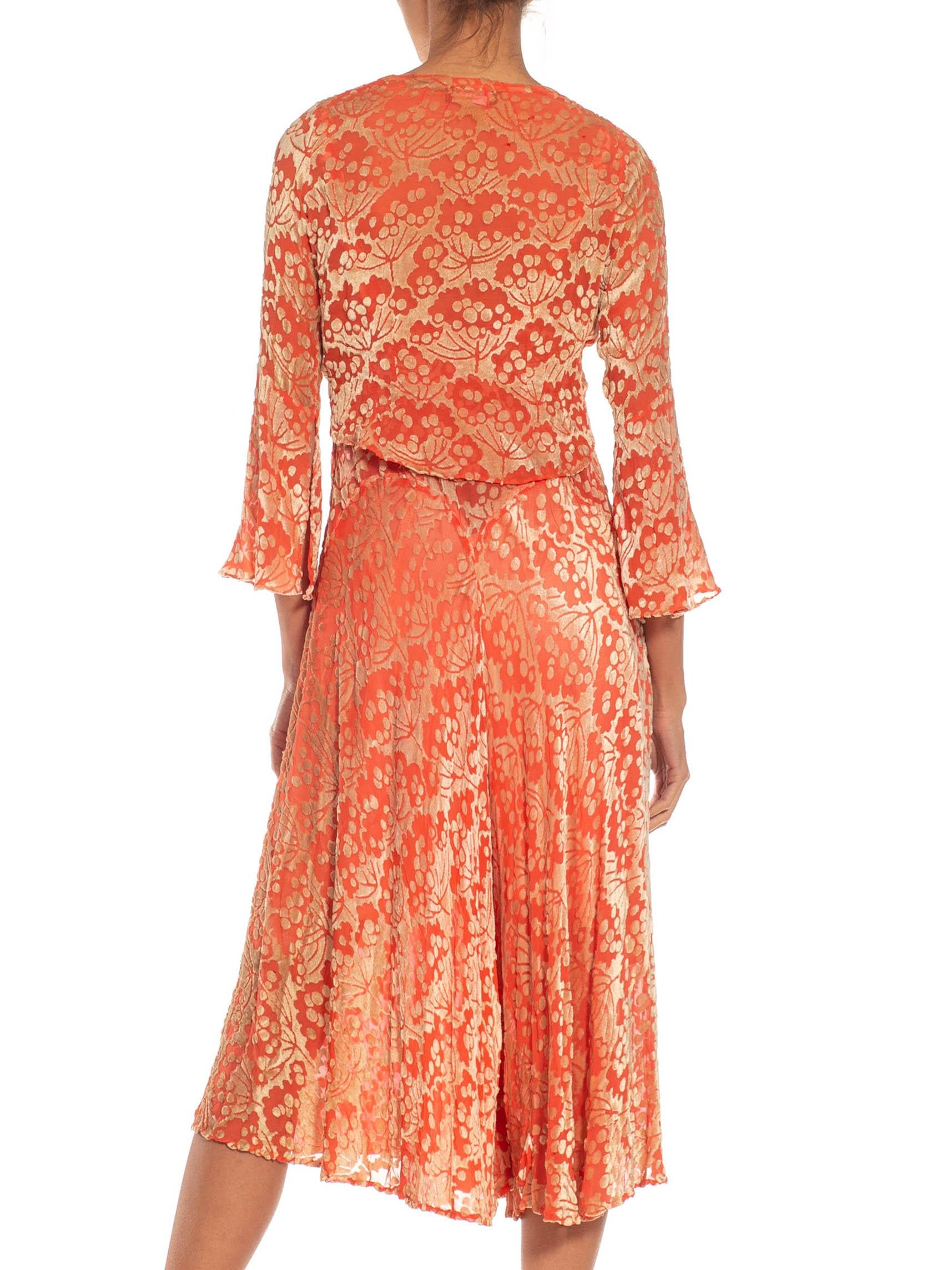Women's 1930S Orange & White Burnout Velvet Dress