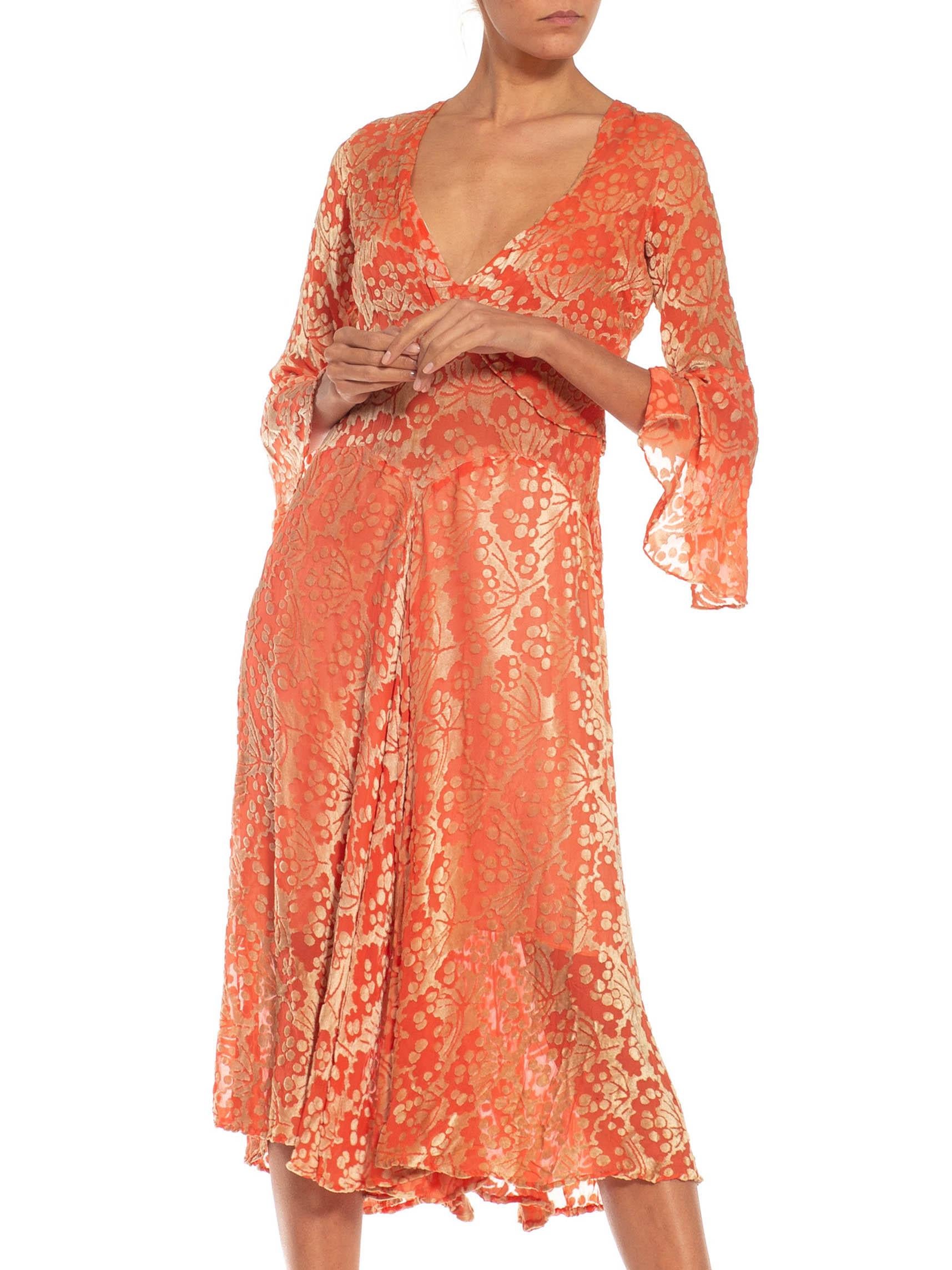 1930S Orange & White Burnout Velvet Dress 1