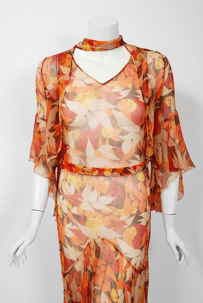 1930's Orange Yellow Floral Silk Chiffon Bias-Cut Dress and Flutter ...