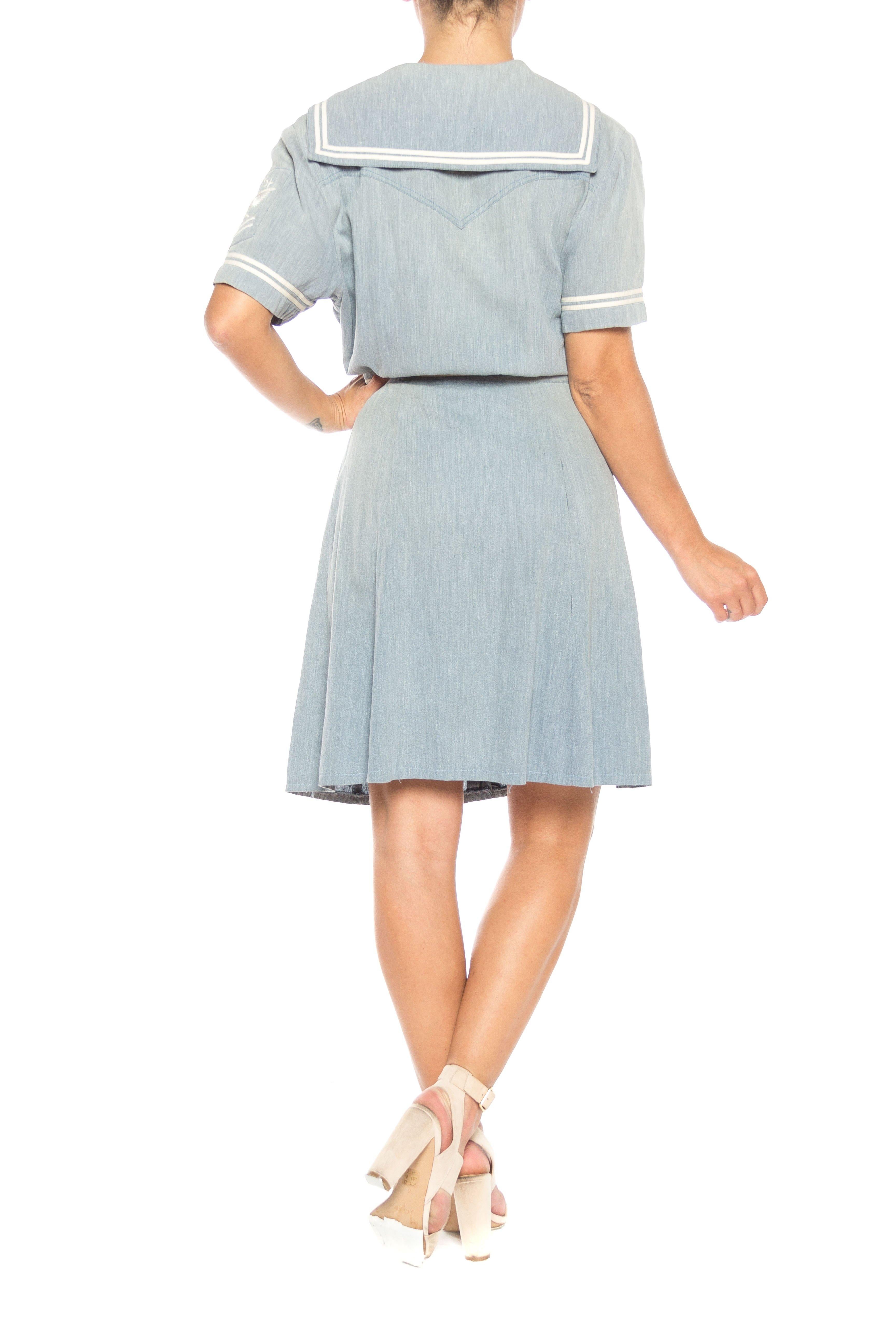 1930S Organic Cotton Chambray  Sailor Day Dress In Excellent Condition In New York, NY