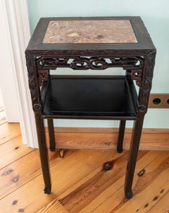 1930s Oriental Mahogany Side Table with Hand-Carved Marble Top