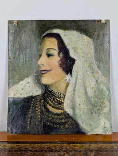 1930s Orientalist Portrait of a Veiled Woman Oil Painting on Canvas