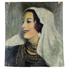 1930s Orientalist Portrait of a Veiled Woman Oil Painting on Canvas