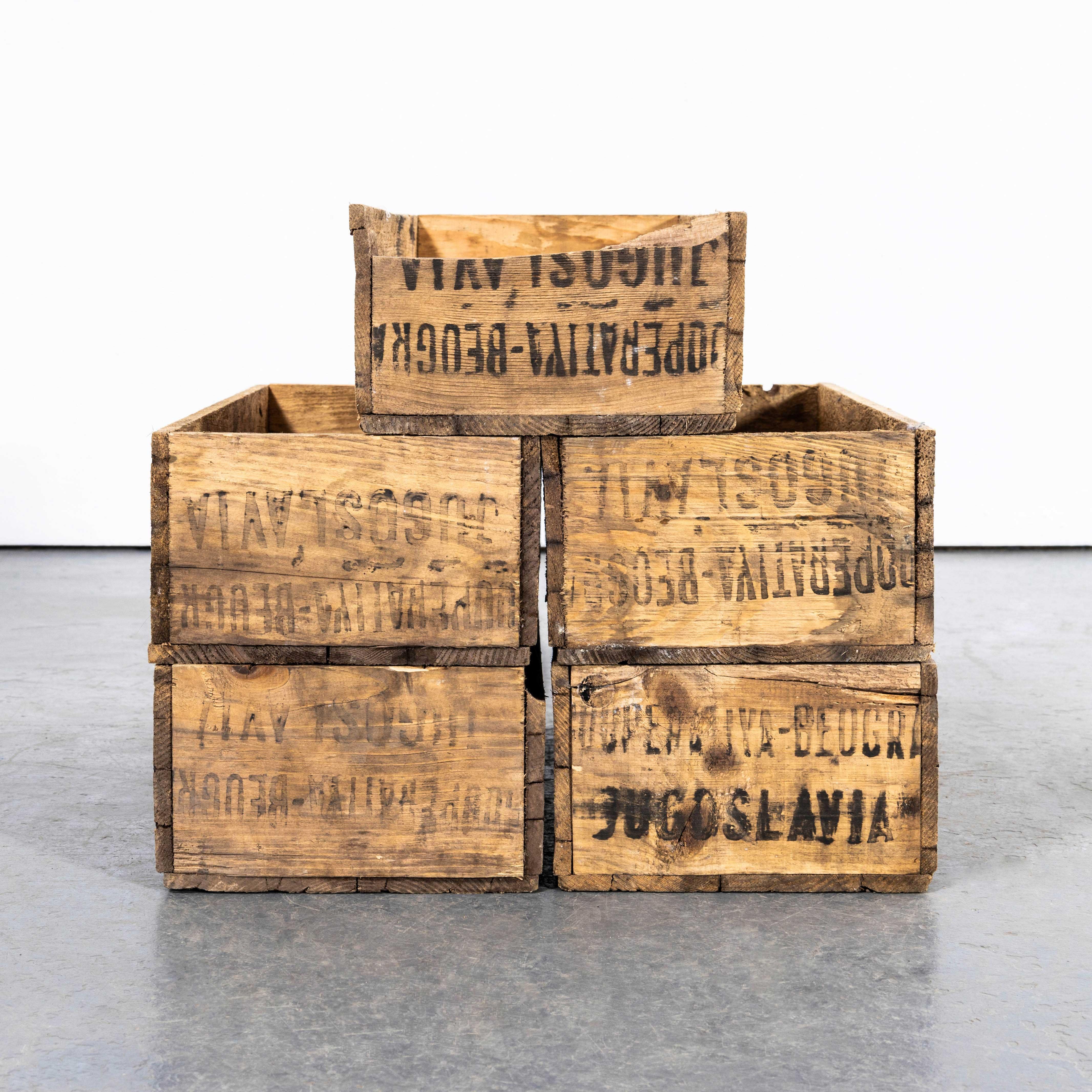 1930's Original Fruit Shipping Export Crates - Set Of Five. 

Originally used to ship tins of fruit to the Belgian confitures factory of Mirland & Co, Frameries Belgium. Listing is for the set of five as photographed.

Workshop Report:
Our workshop