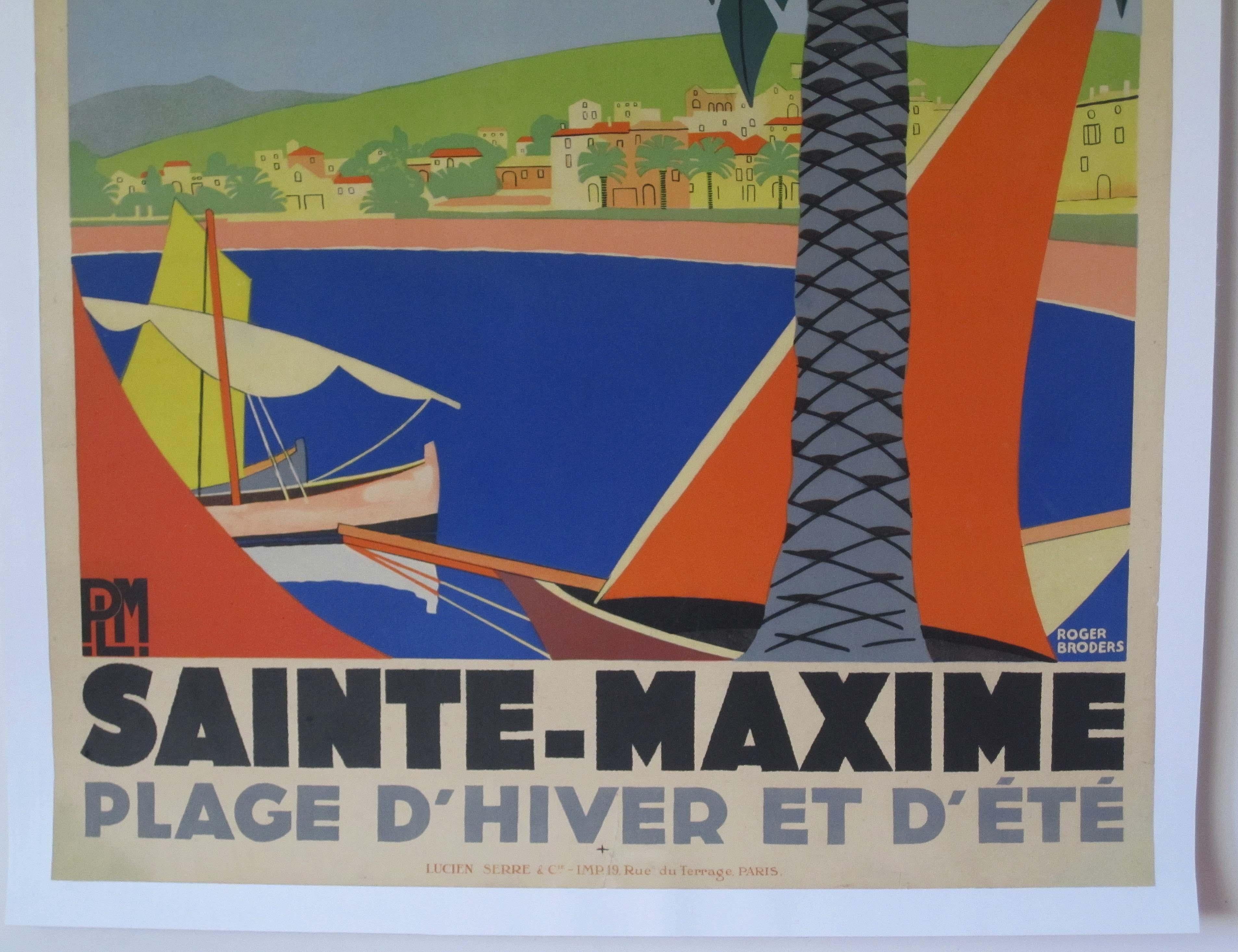 1930s original French Georges Redon Sainte-Maxime travel poster, this original poster has been professionally restored. Linen backed and ready for framing.