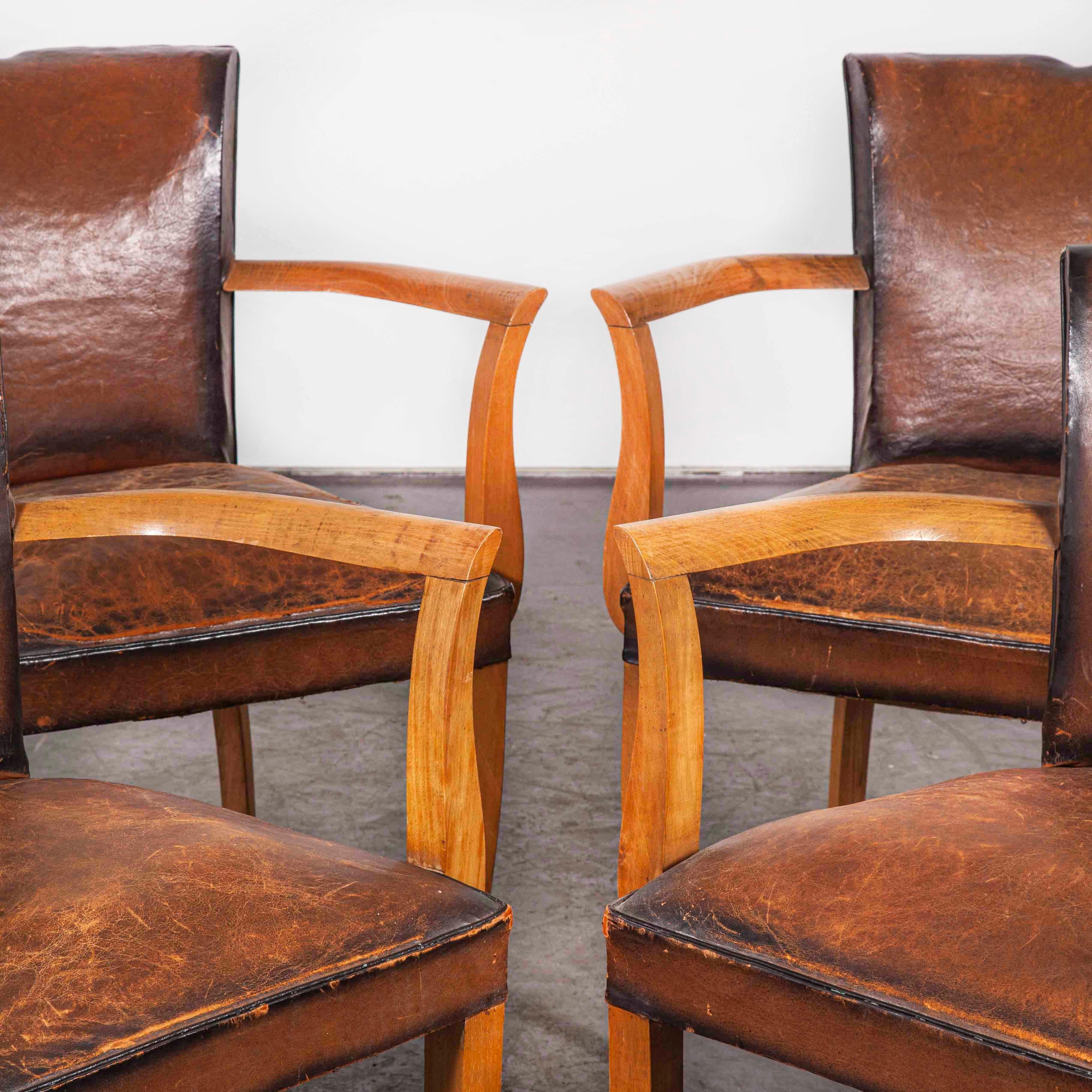 Mid-20th Century 1930s Original Leather French Bridge Chairs, Set of Four