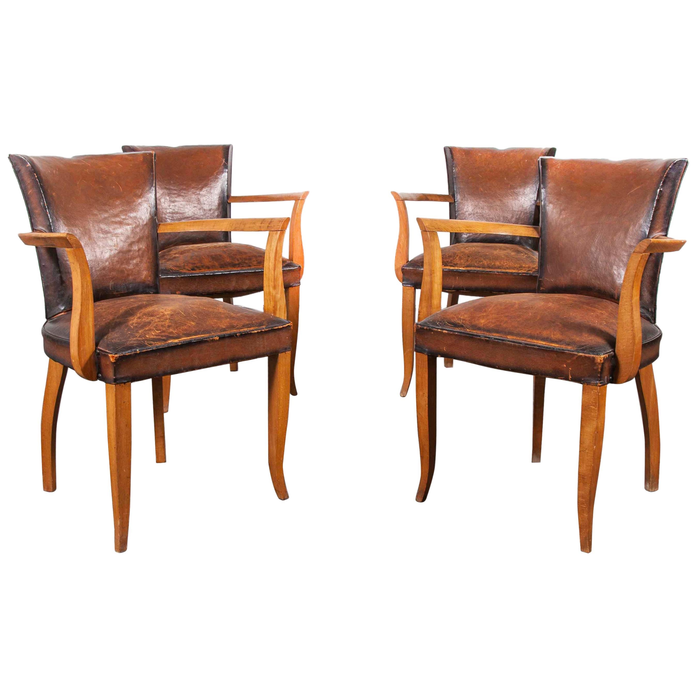 1930s Original Leather French Bridge Chairs, Set of Four
