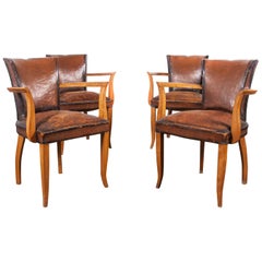 1930s Original Leather French Bridge Chairs, Set of Four