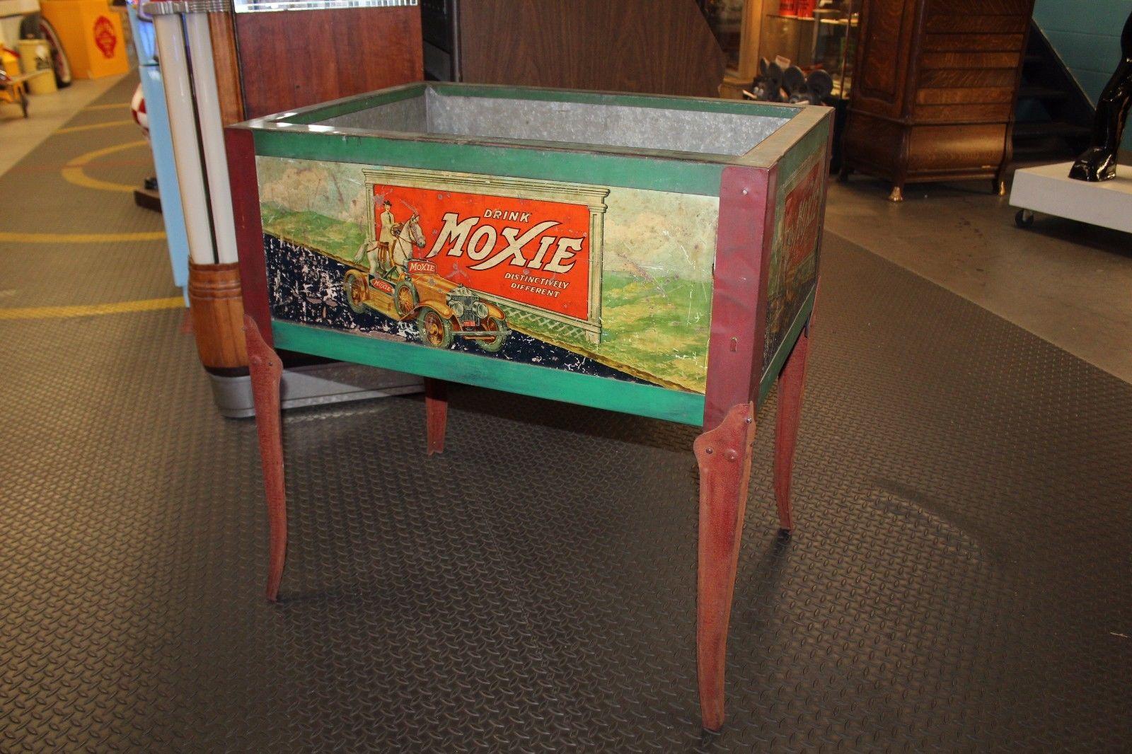 Mid-Century Modern 1930s Original Moxie Soda Tin Ice Chest Cooler For Sale