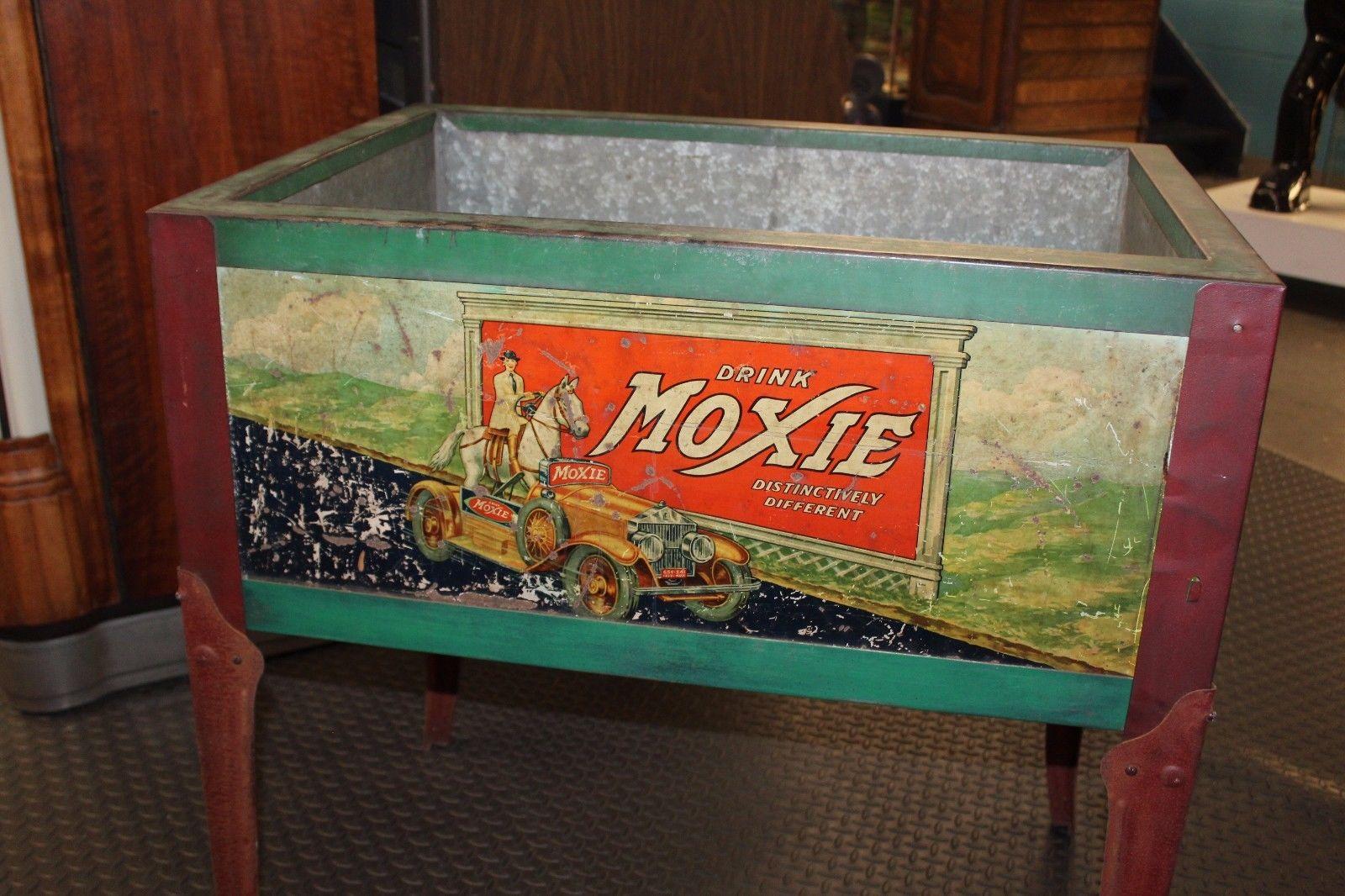 American 1930s Original Moxie Soda Tin Ice Chest Cooler For Sale