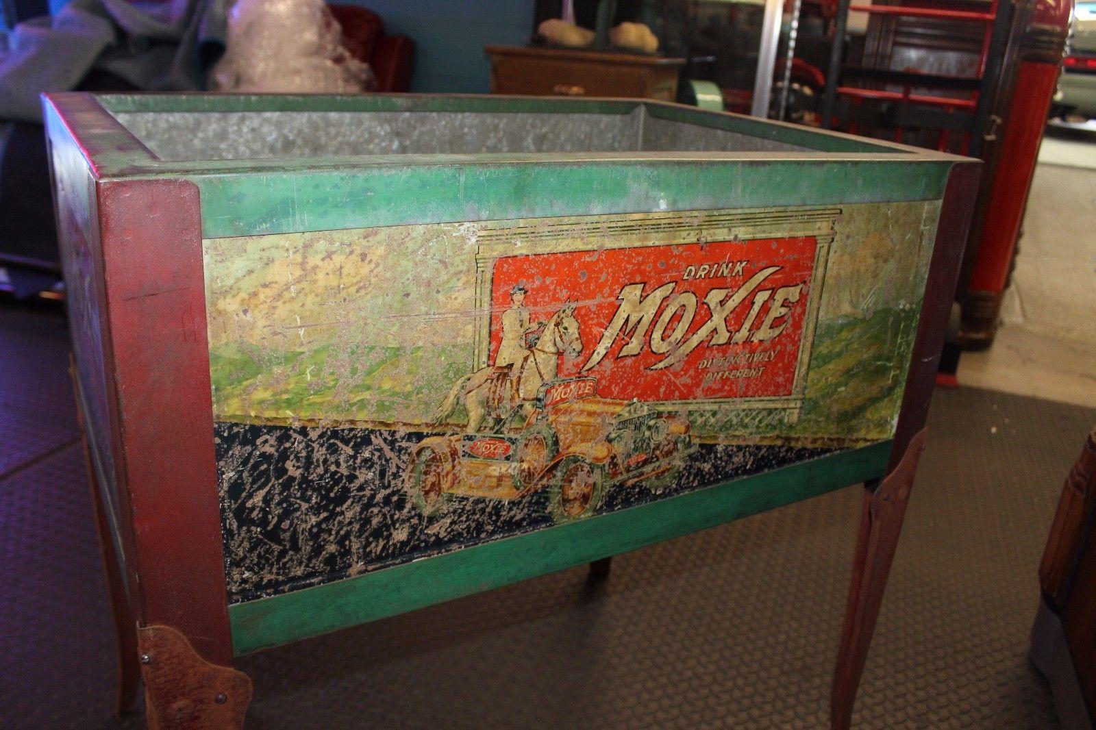 Metal 1930s Original Moxie Soda Tin Ice Chest Cooler For Sale