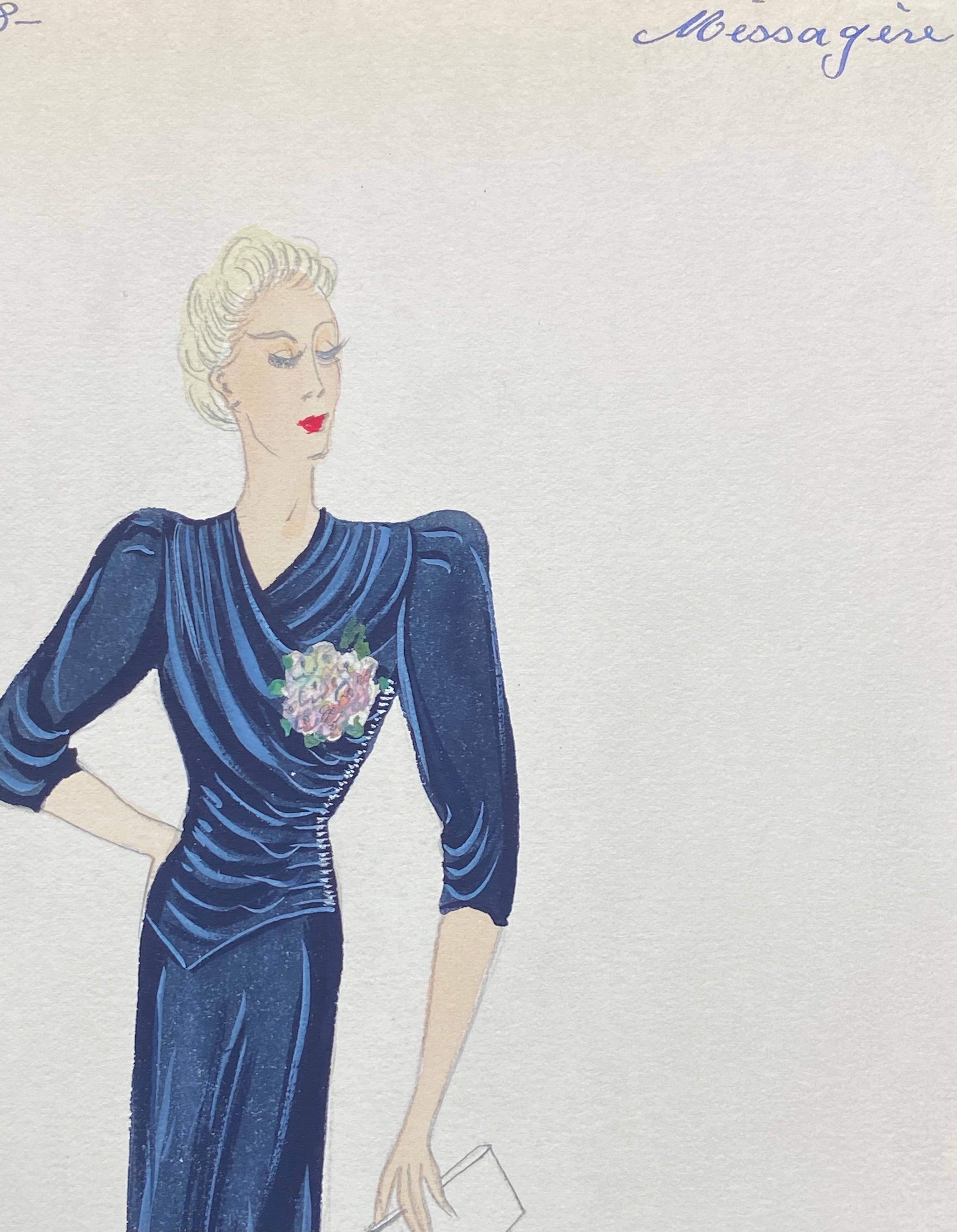 1930's Original Parisian Fashion Design Illustration Watercolor Elegant Lady In Good Condition For Sale In Cirencester, GB