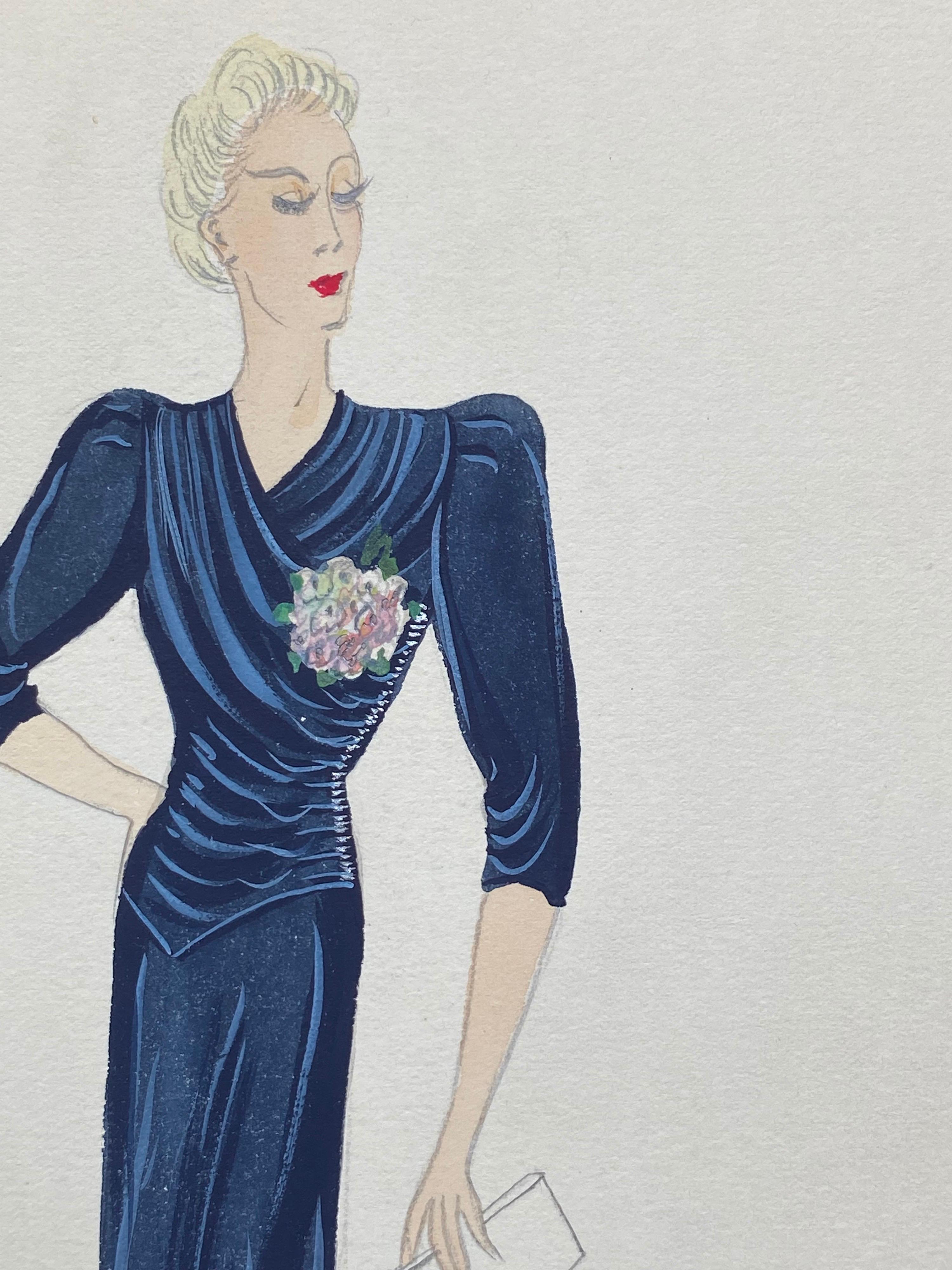 20th Century 1930's Original Parisian Fashion Design Illustration Watercolor Elegant Lady For Sale