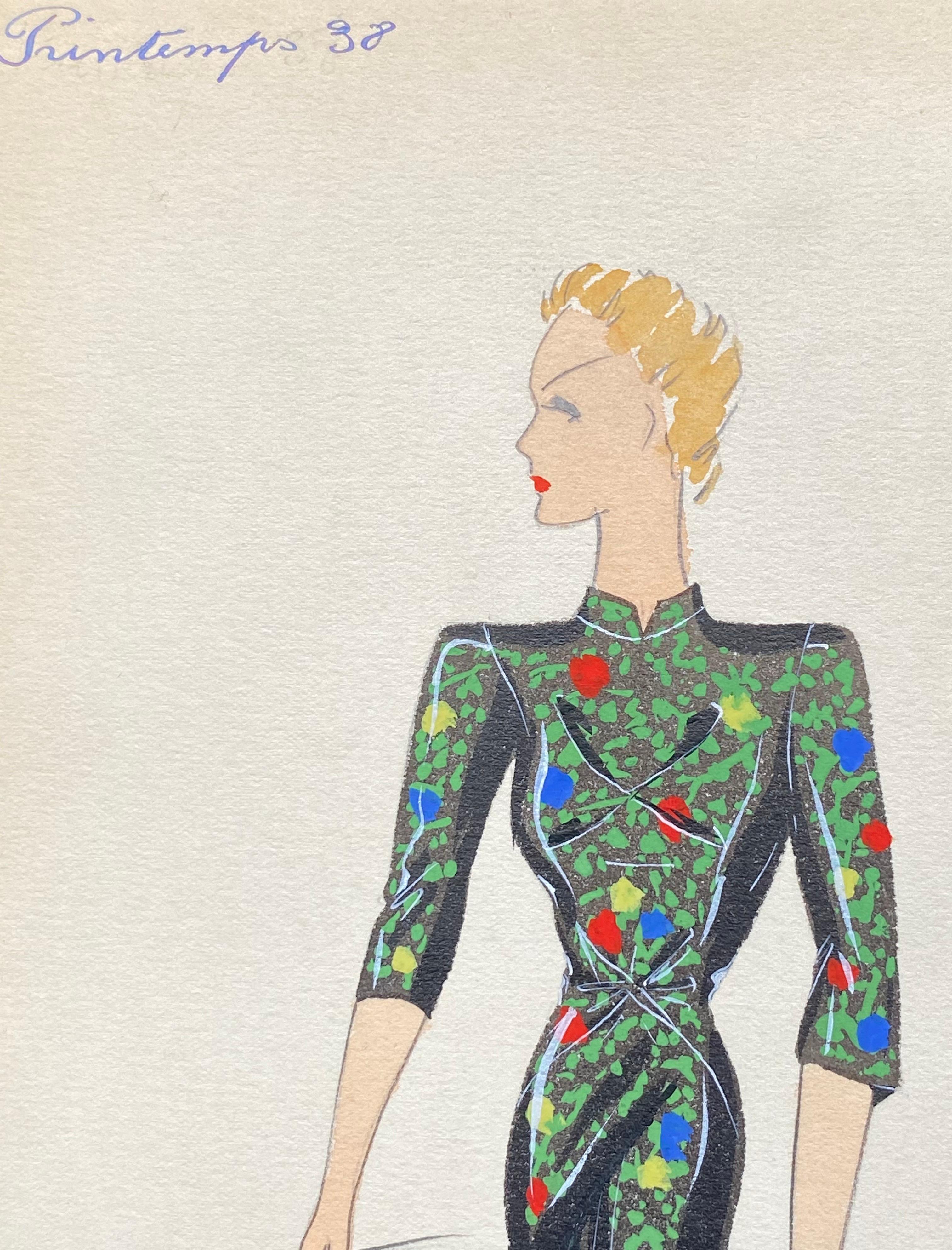 1930's Original Parisian Fashion Illustration Watercolor Black Oriental Dress In Good Condition For Sale In Cirencester, GB