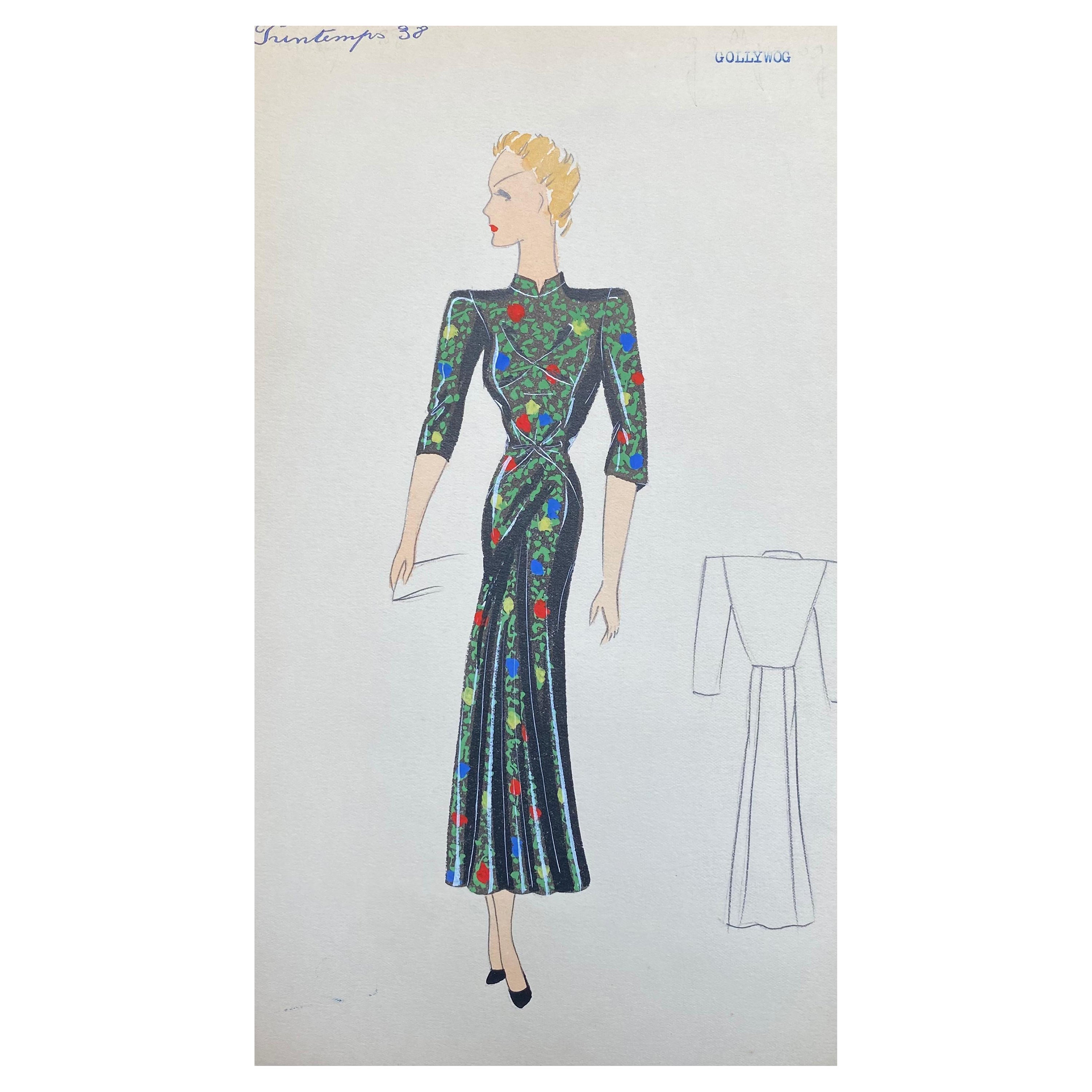 1930er Jahre Original Pariser Mode Illustration Aquarell Schwarzes orientalisches Kleid