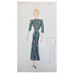 1930er Jahre Original Pariser Mode Illustration Aquarell Schwarzes orientalisches Kleid