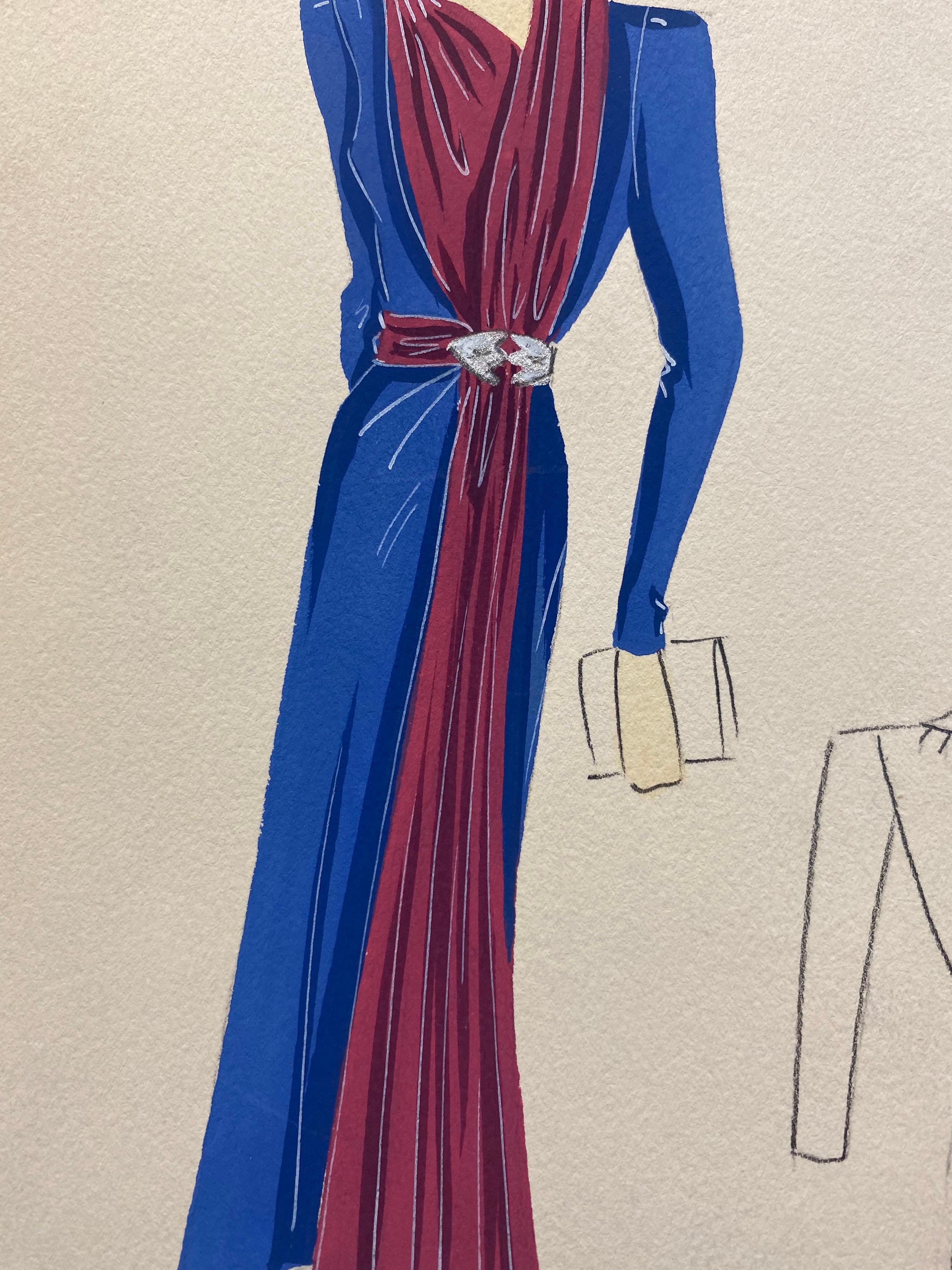 20th Century 1930's Original Parisian Fashion Illustration Watercolor Pink and Blue Dress For Sale