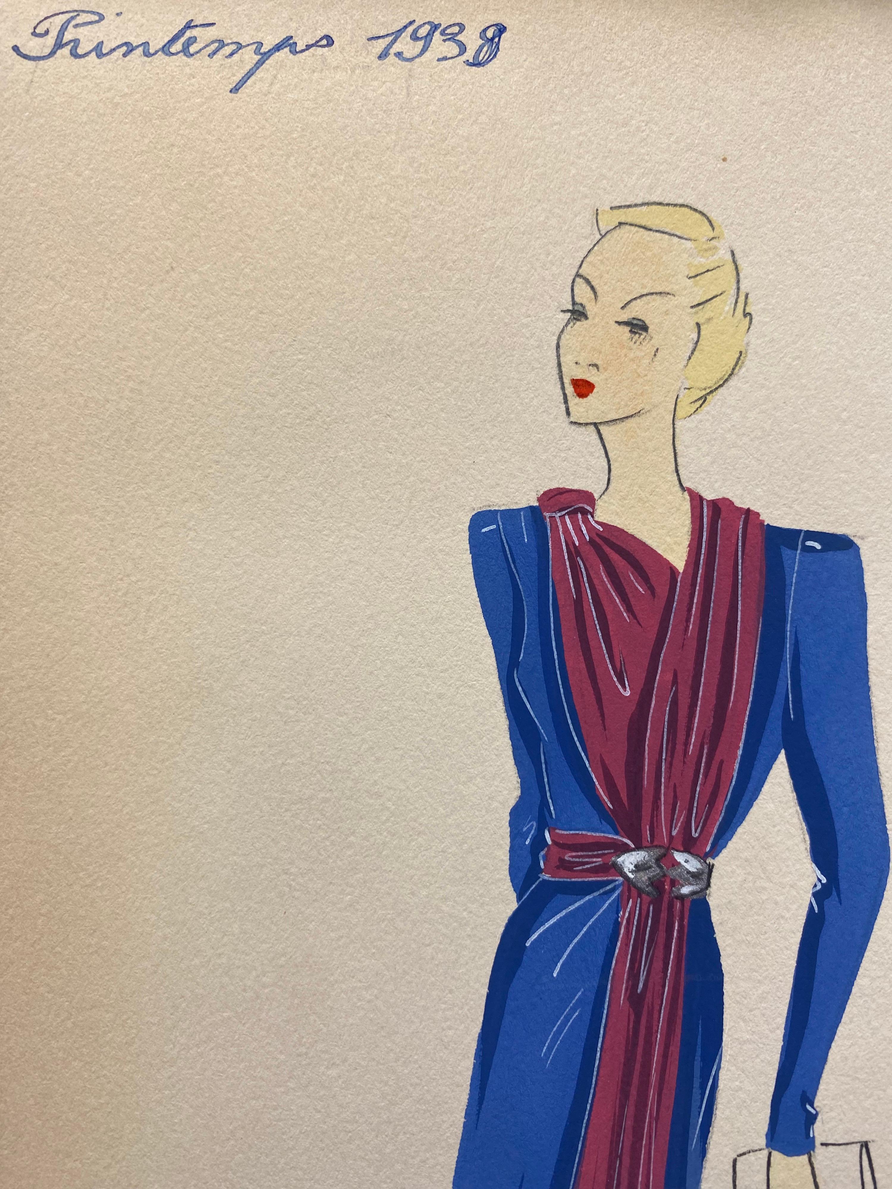 Illustrazione di moda parigina originale degli anni '30, acquerello con abito rosa e blu in vendita 2