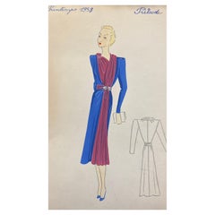 Original Pariser Modeillustration der 1930er Jahre, Aquarell-Kleid in Rosa und Blau