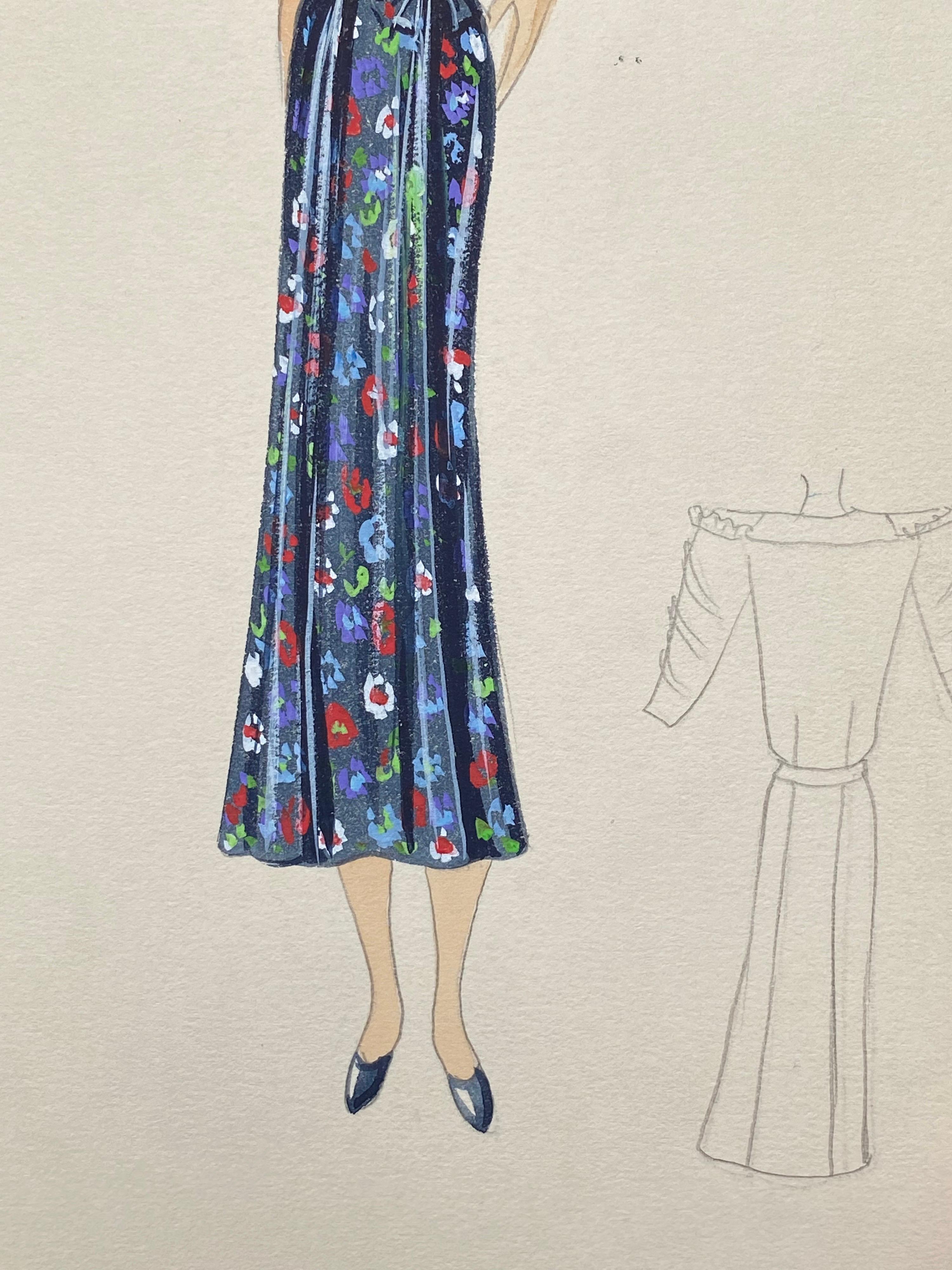 1930's Original Parisian Fashion Watercolor Blue Floral Summer Dress In Good Condition For Sale In Cirencester, GB