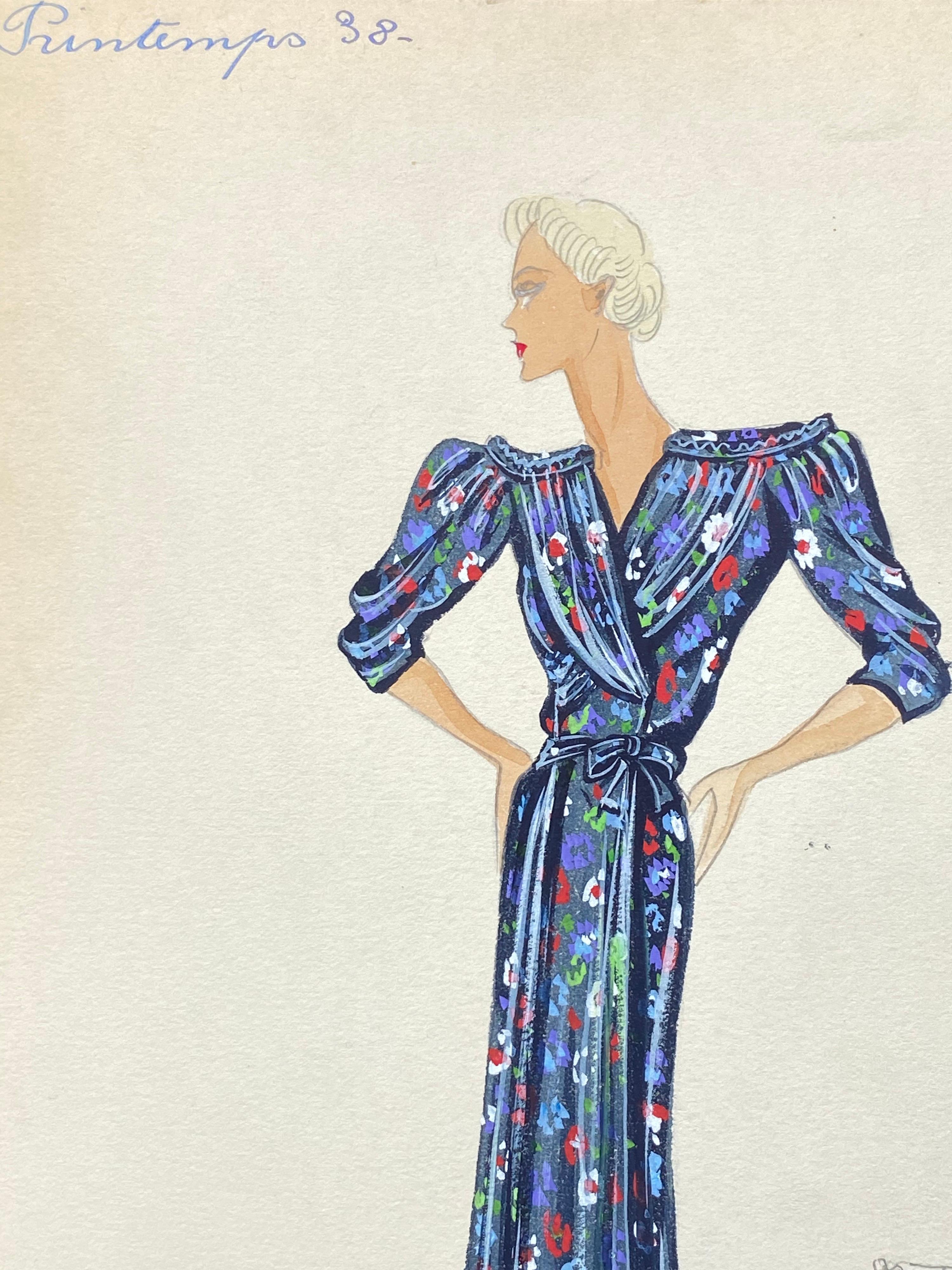 20th Century 1930's Original Parisian Fashion Watercolor Blue Floral Summer Dress For Sale