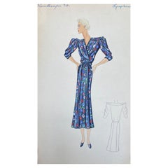 Abito estivo parigino originale degli anni '30, acquerellato e floreale blu